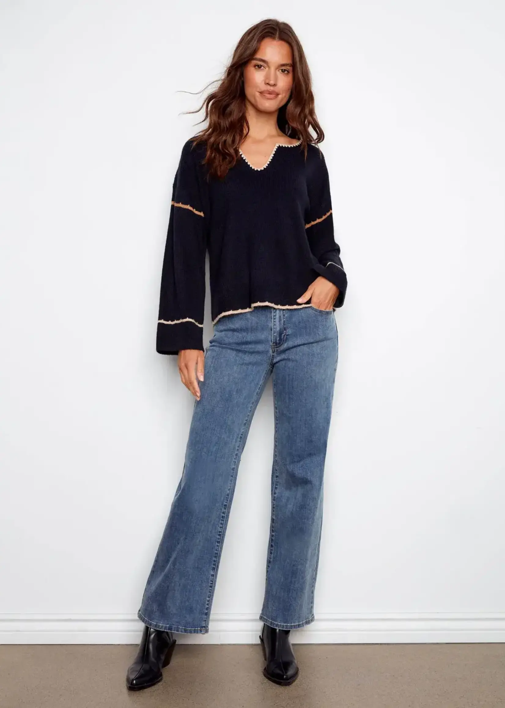 Charlie B Charlie B Ribbed V Neck Notched Soutache Sweater C2879