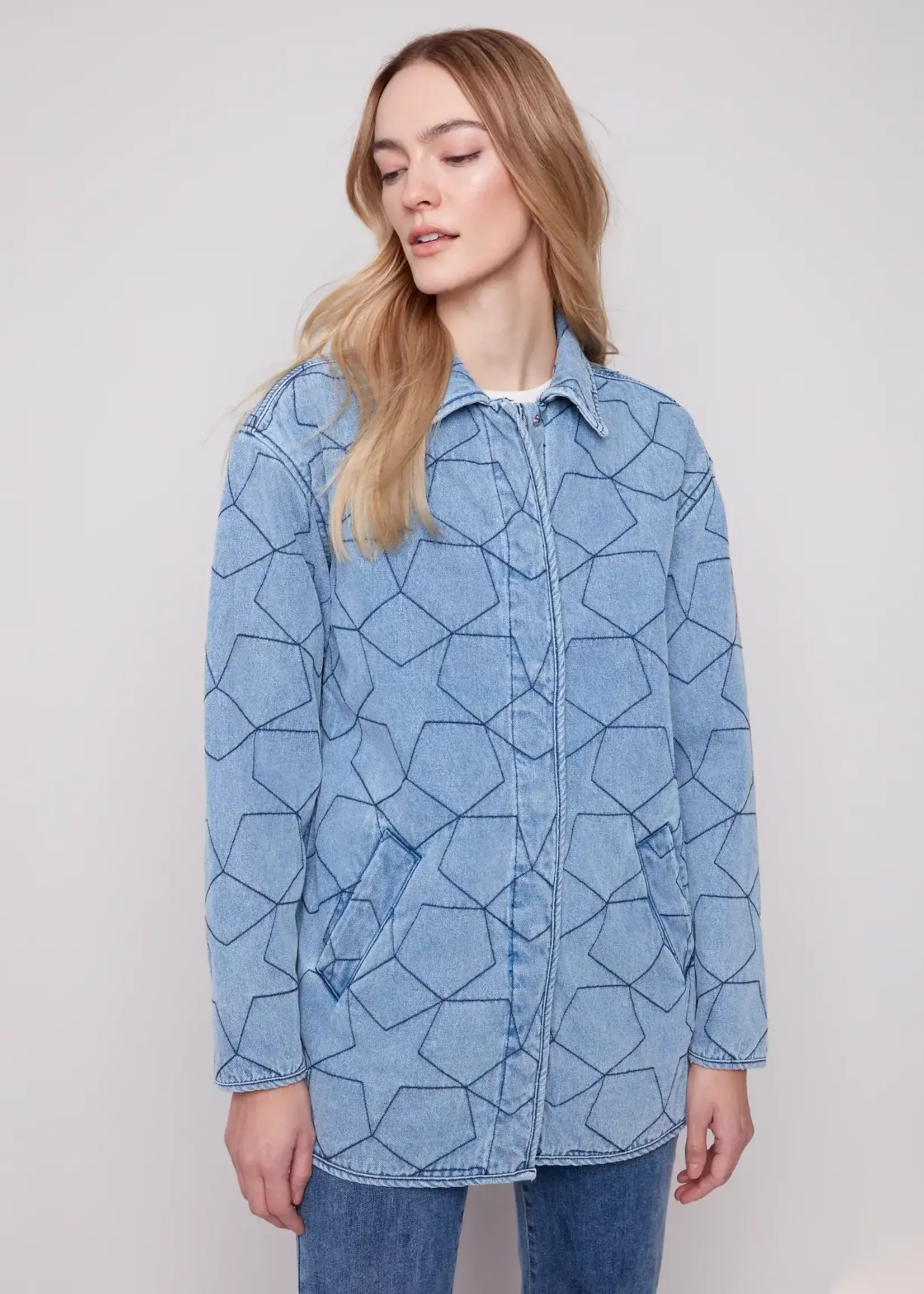 Charlie B Charlie B Star Quilted Denim Jacket w/ Welt Pockets C6386