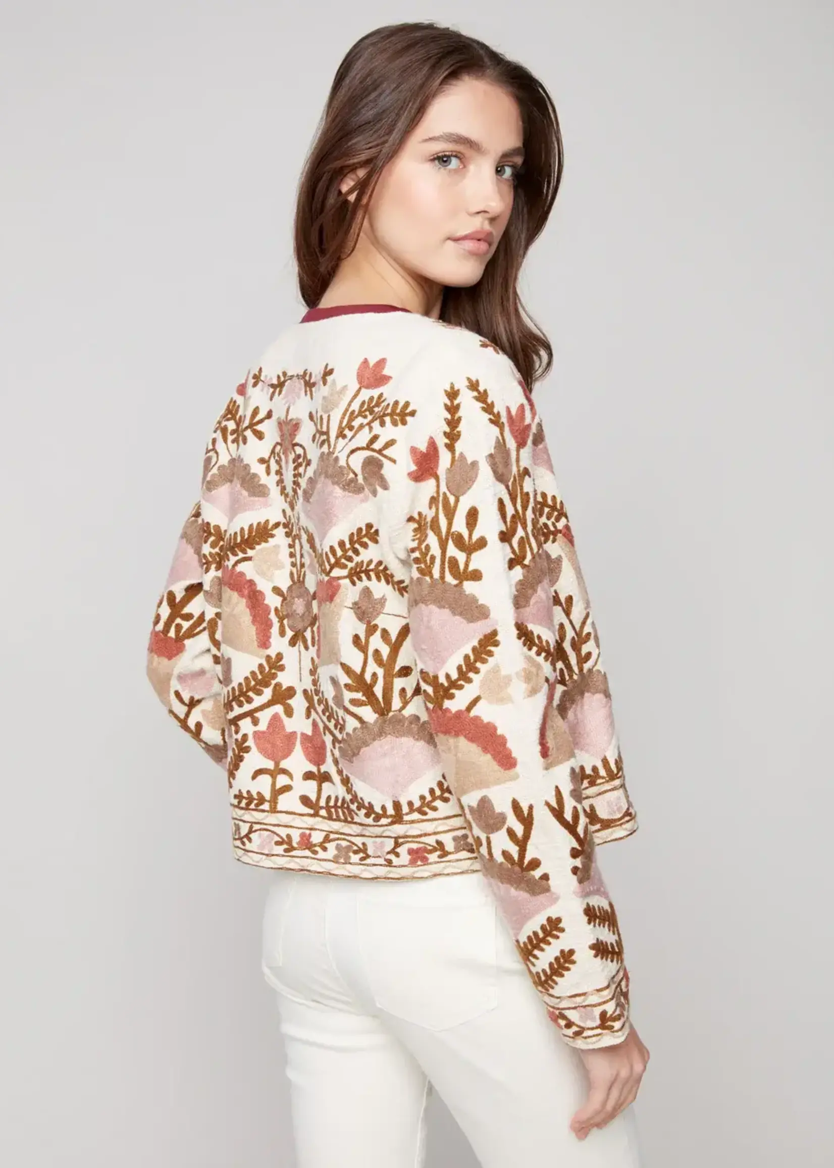 Charlie B Charlie B Edge to Edge Emb Cotton Basketweave Jacket C6368