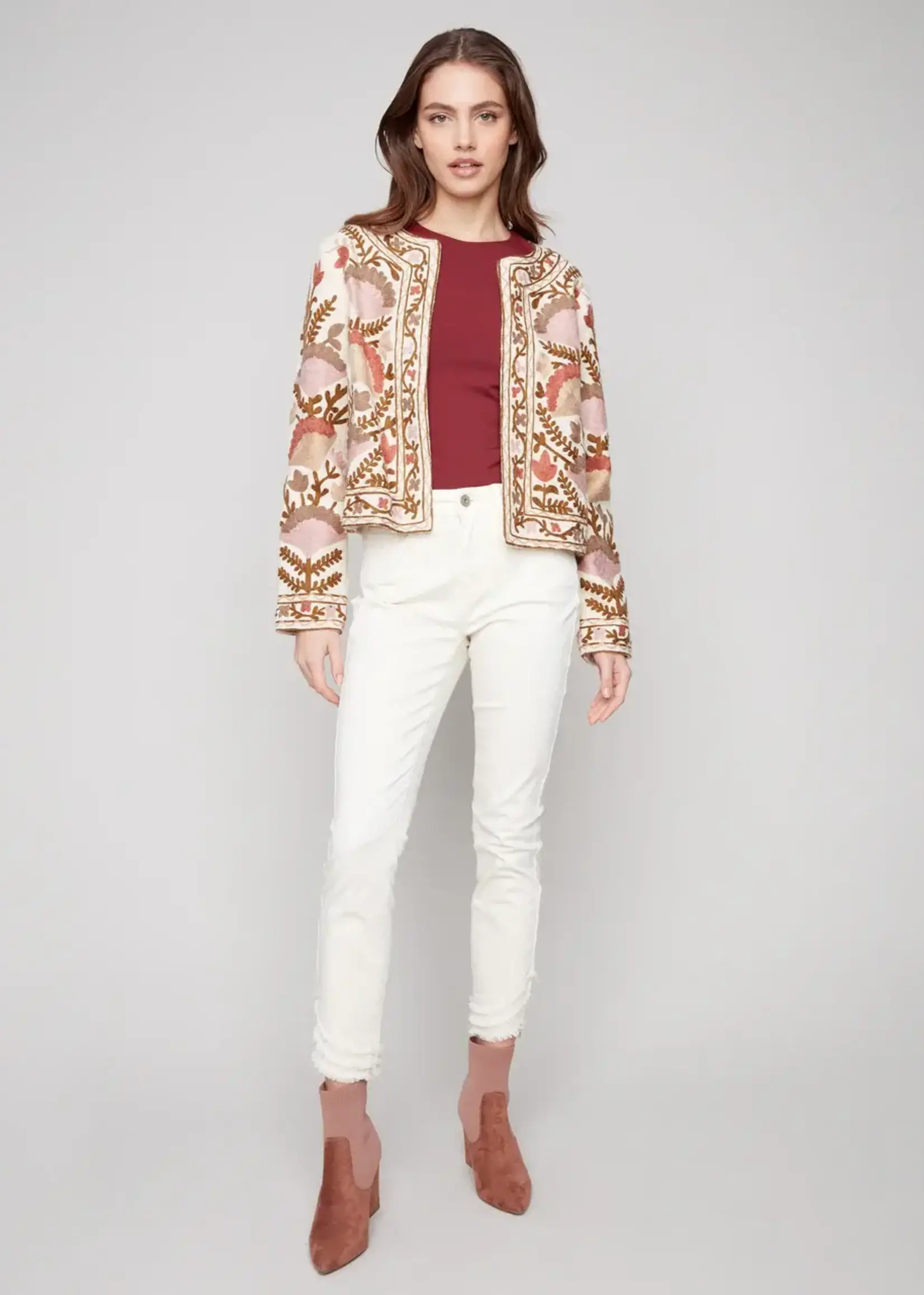 Charlie B Charlie B Edge to Edge Emb Cotton Basketweave Jacket C6368