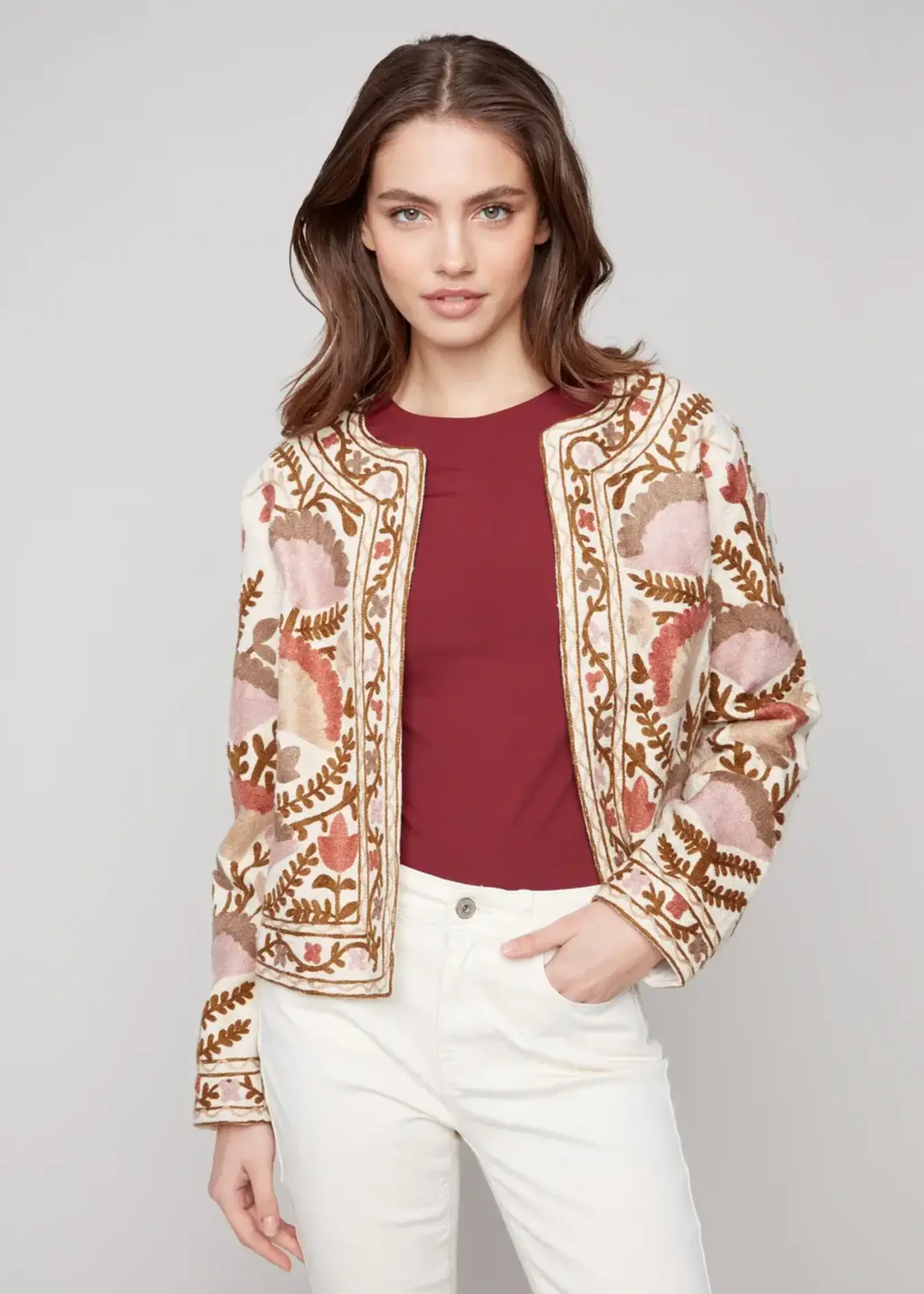 Charlie B Charlie B Edge to Edge Emb Cotton Basketweave Jacket C6368