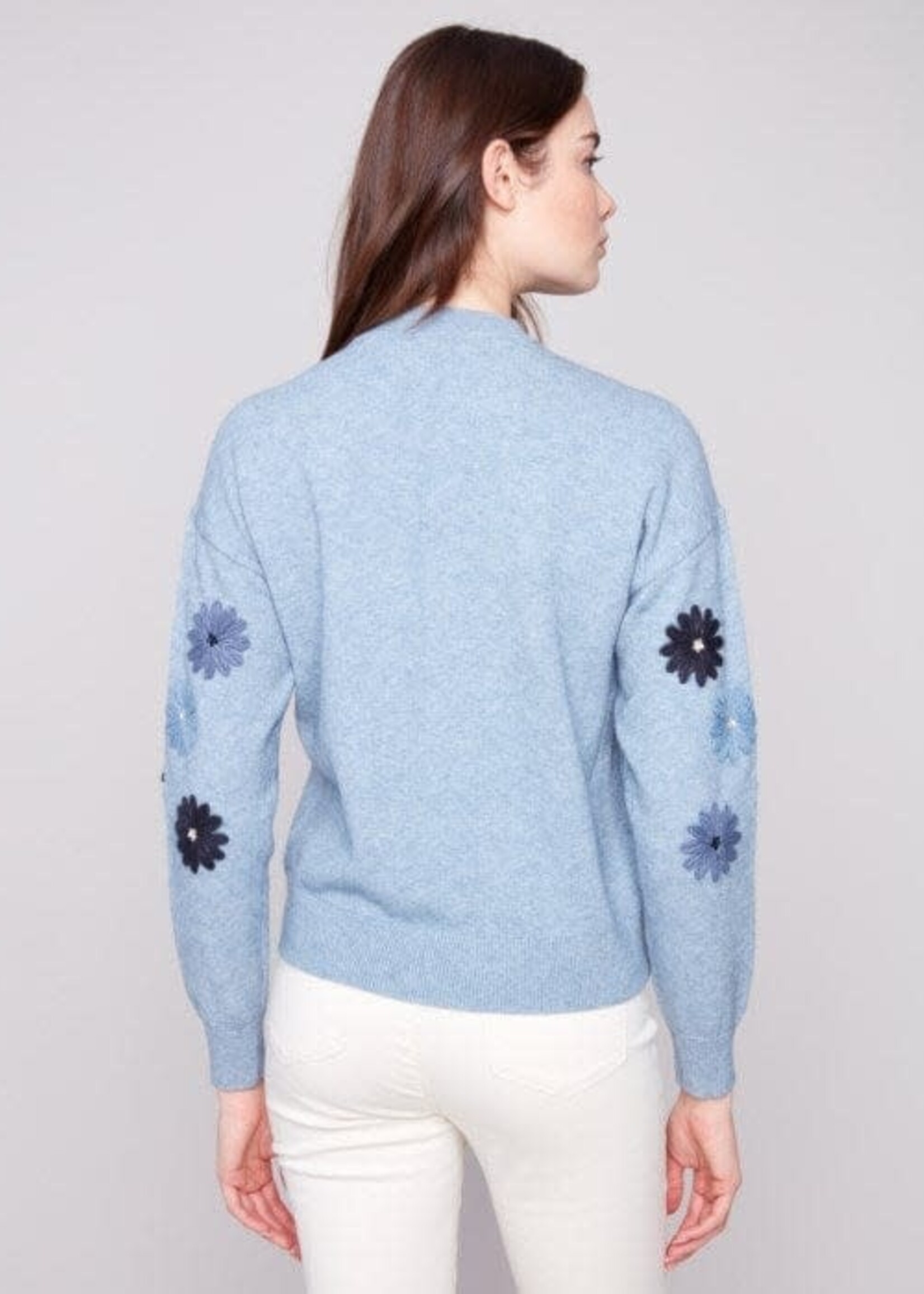 Charlie B Charlie B Floral Embroidery Crew Neck Sweater C2891
