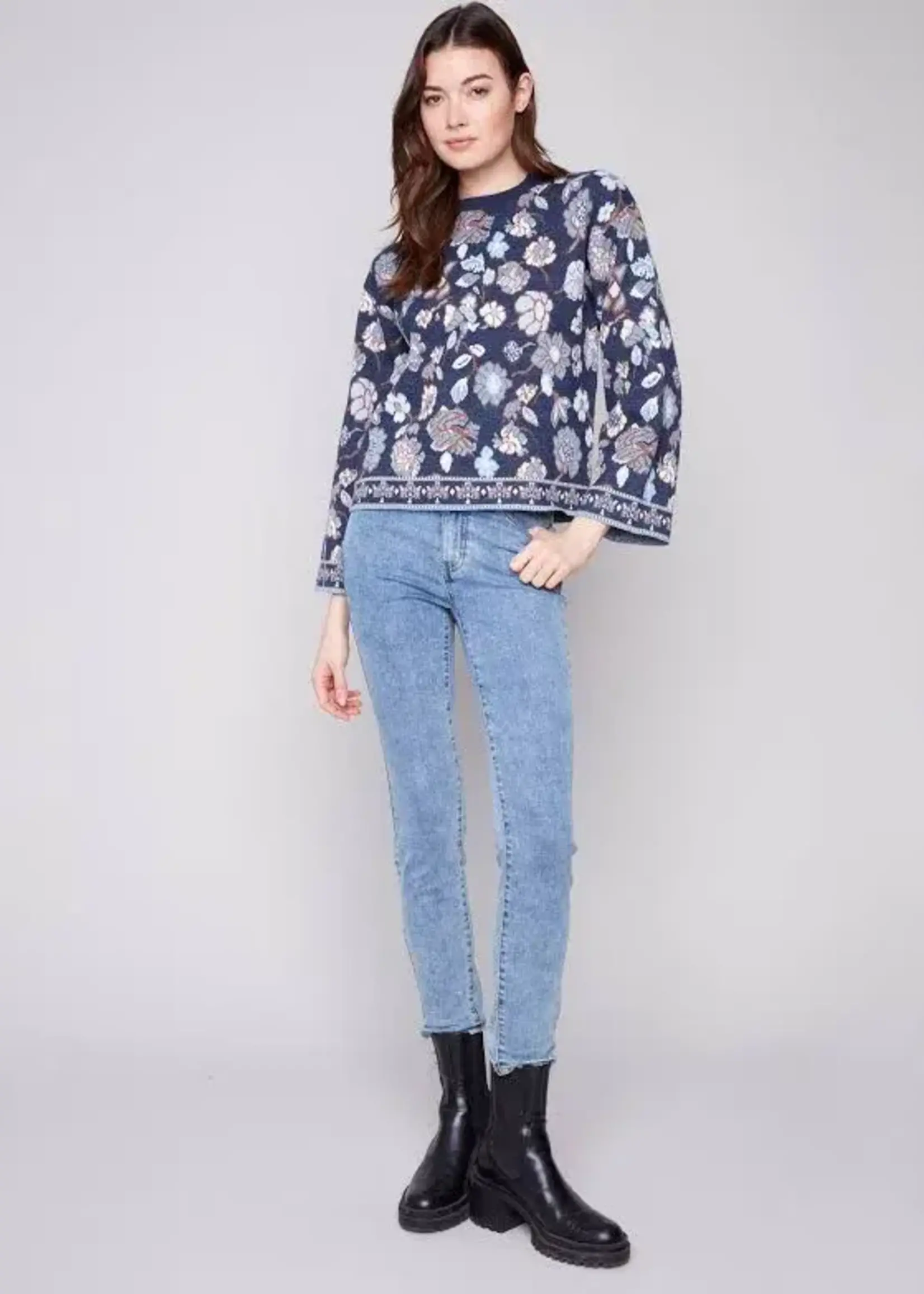 Charlie B Charlie B L/S Crew Neck Jacquard Sweater C2905