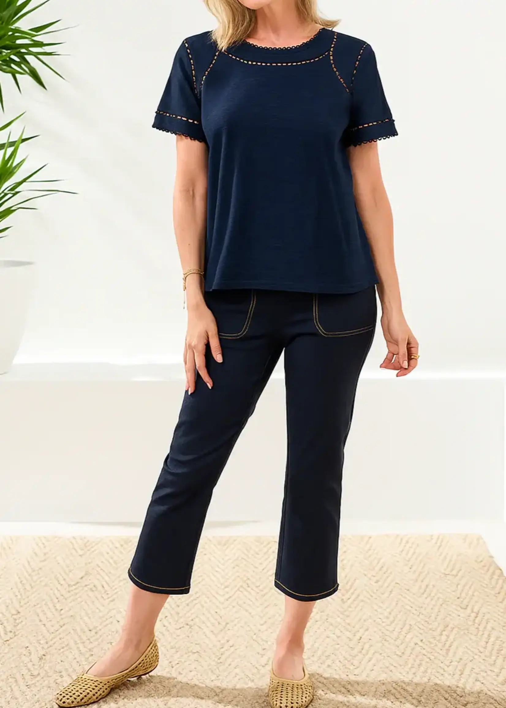 Tribal Tribal Short Sleeve Top w/ Dotted Lace 2466O