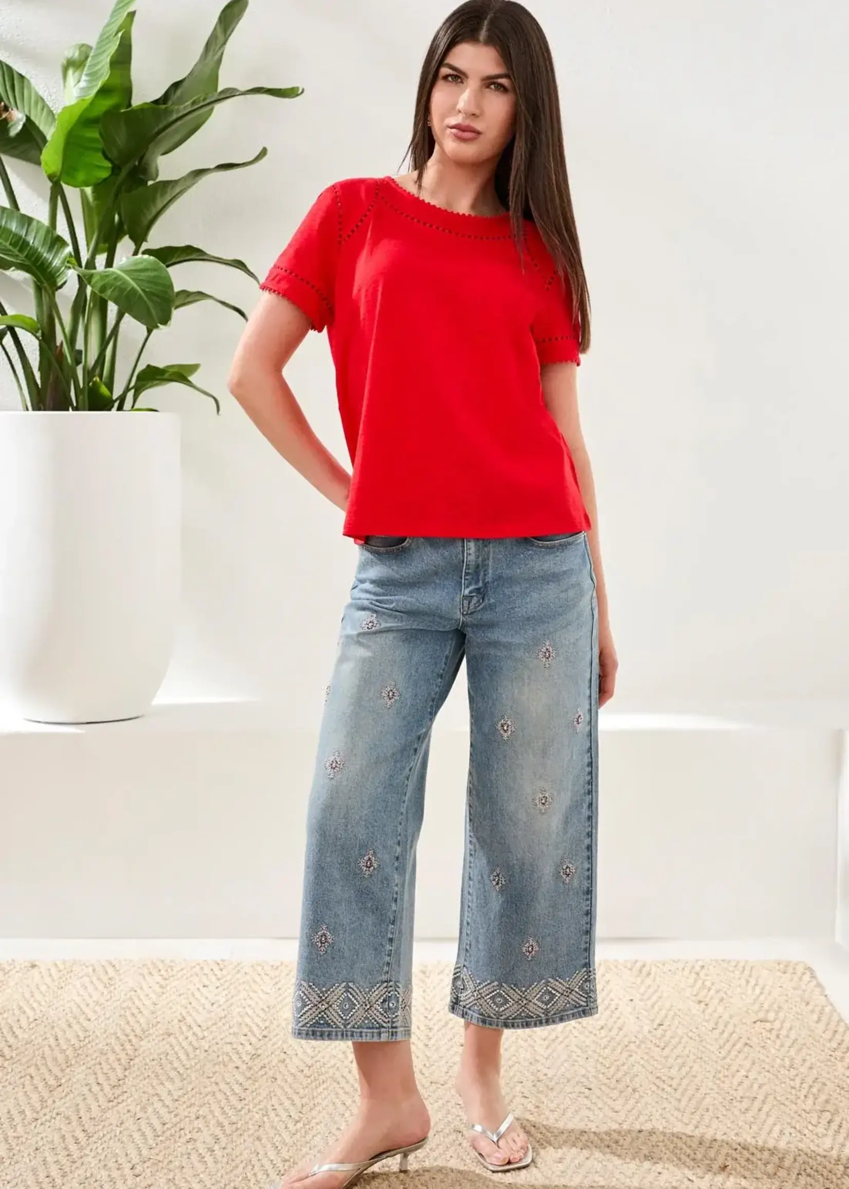 Tribal Tribal Short Sleeve Top w/ Dotted Lace 2466O