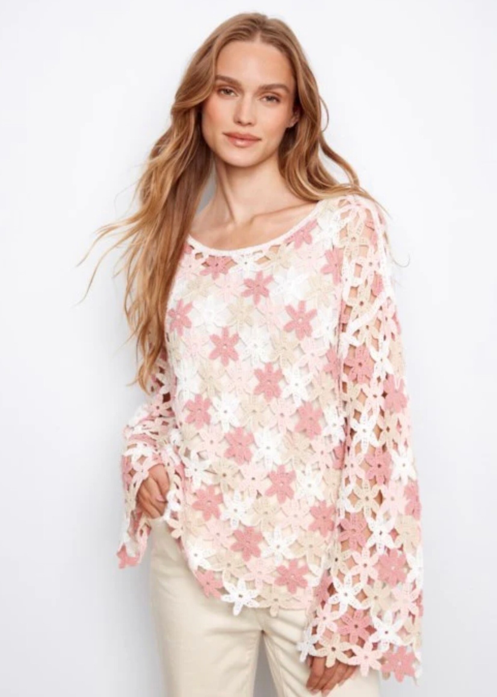 Charlie B Charlie B 3/4 Sleeve Crochet Flower Blouse C4706