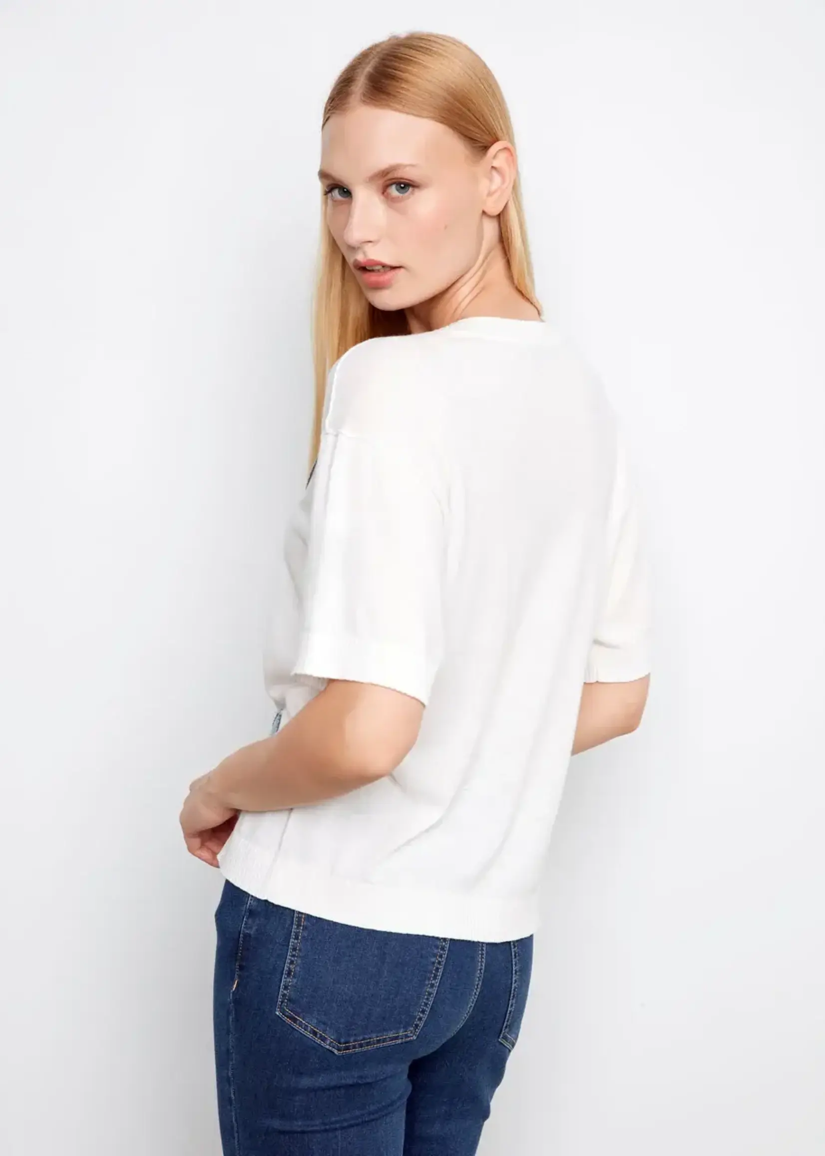 Charlie B Charlie B S/S Denim Patches Crew Neck Sweater C2947