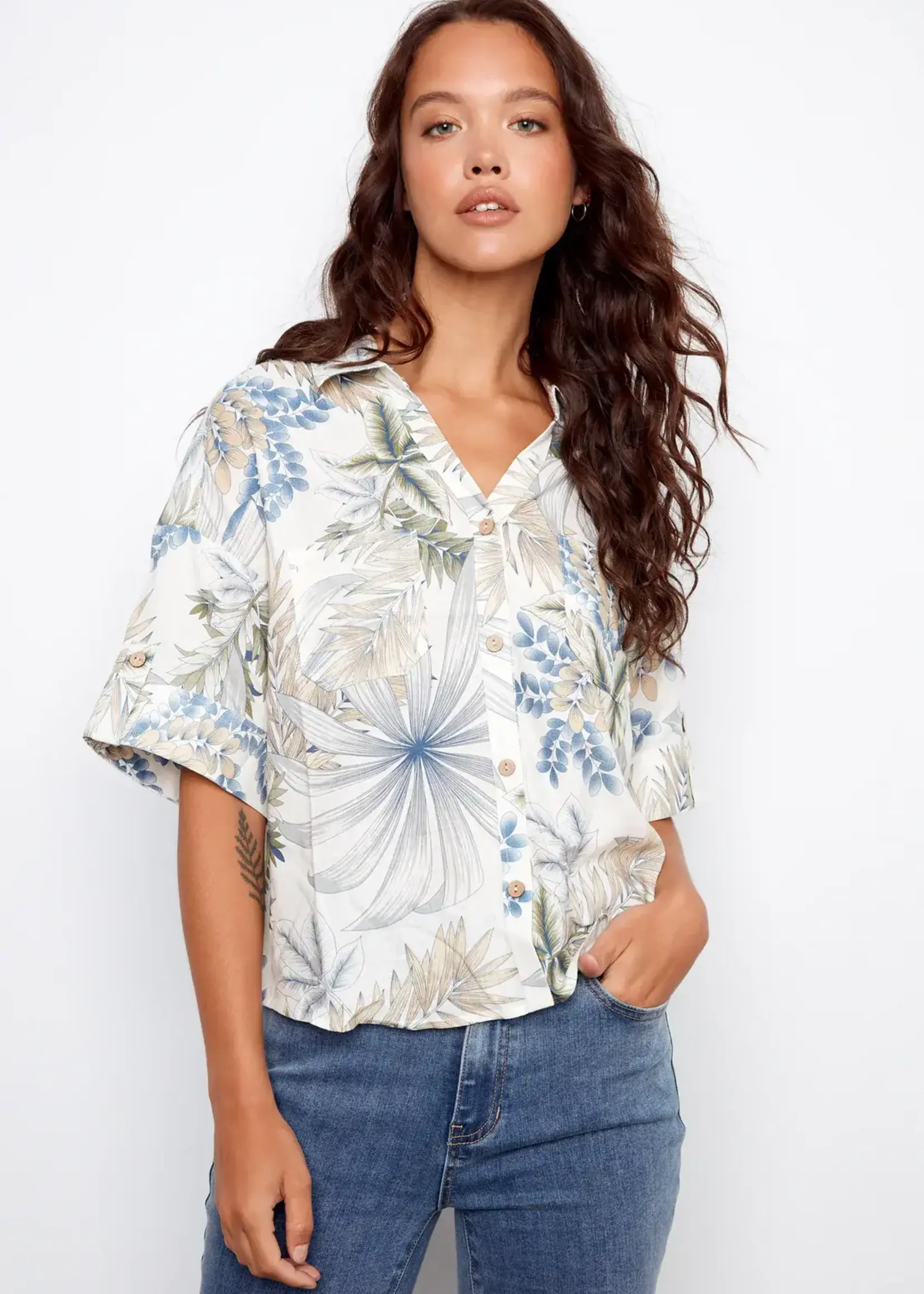 Charlie B Charlie B S/S Button Front Linen Blouse w/ Pocket C4688