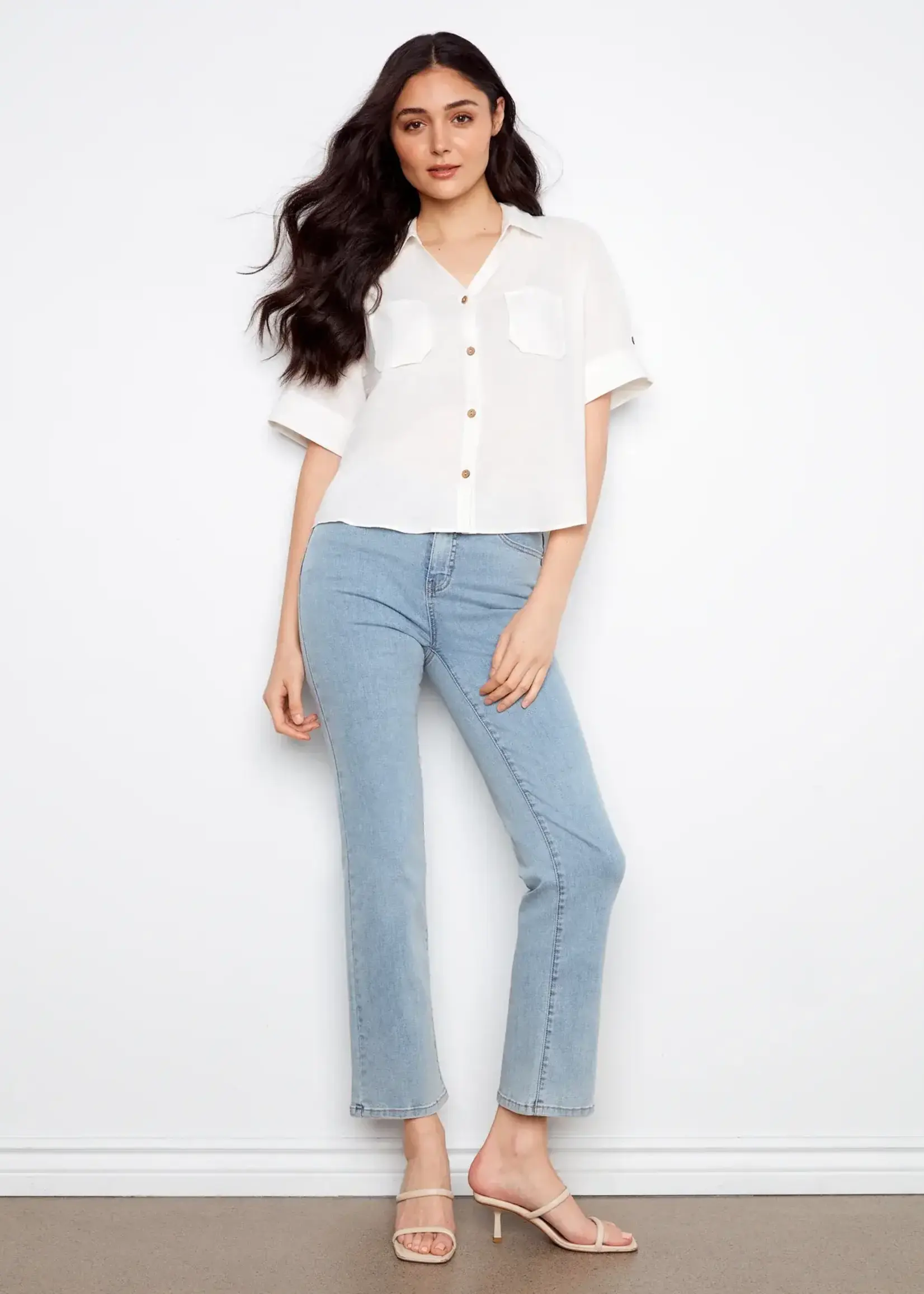 Charlie B Charlie B S/S Button Front Linen Blouse w/ Pocket C4688