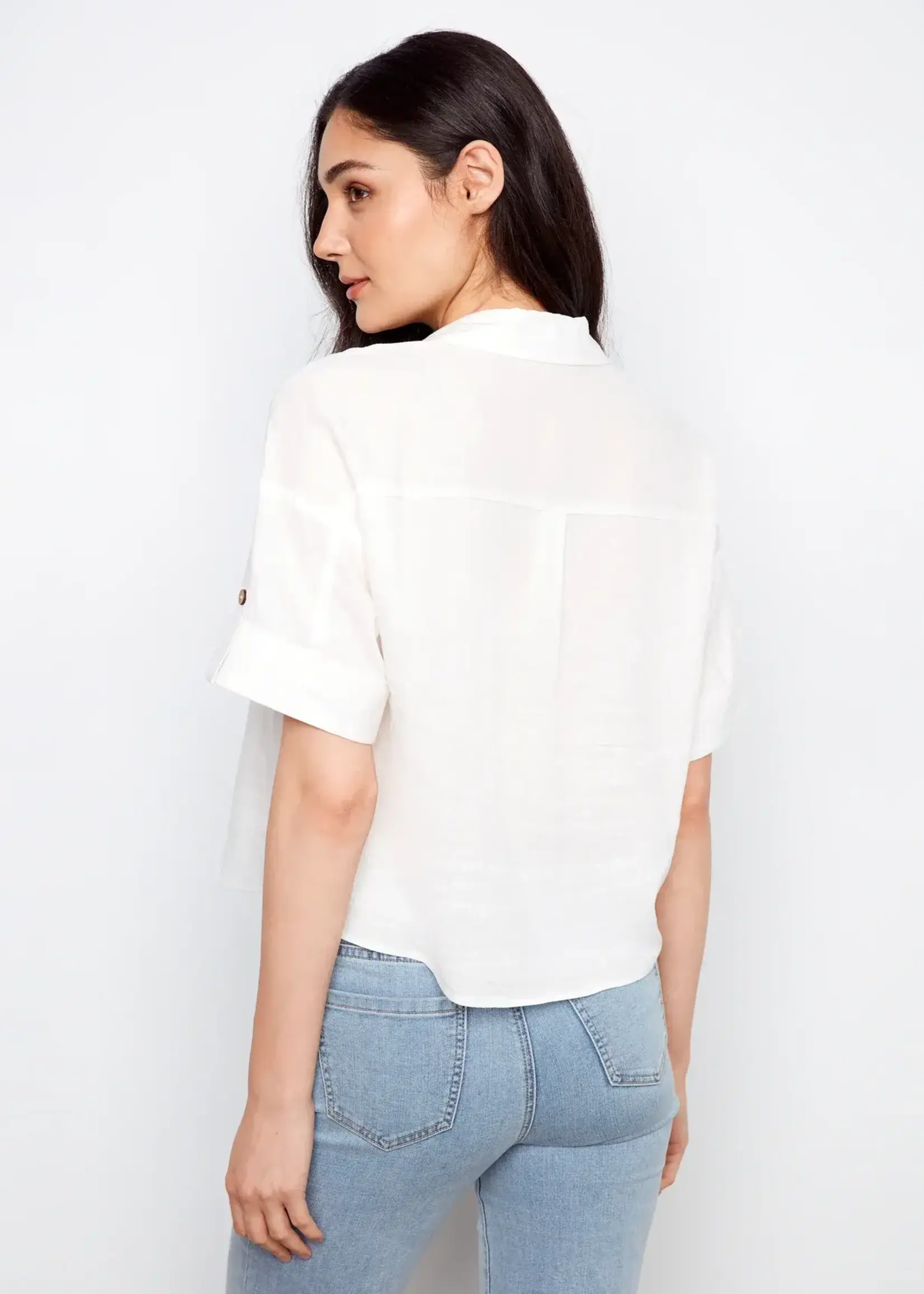 Charlie B Charlie B S/S Button Front Linen Blouse w/ Pocket C4688