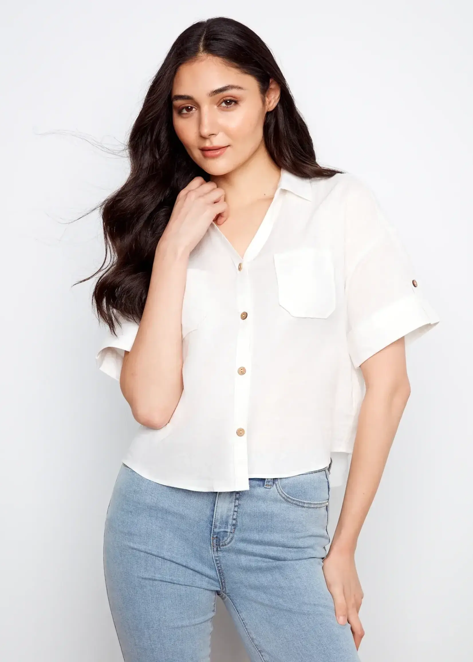 Charlie B Charlie B S/S Button Front Linen Blouse w/ Pocket C4688