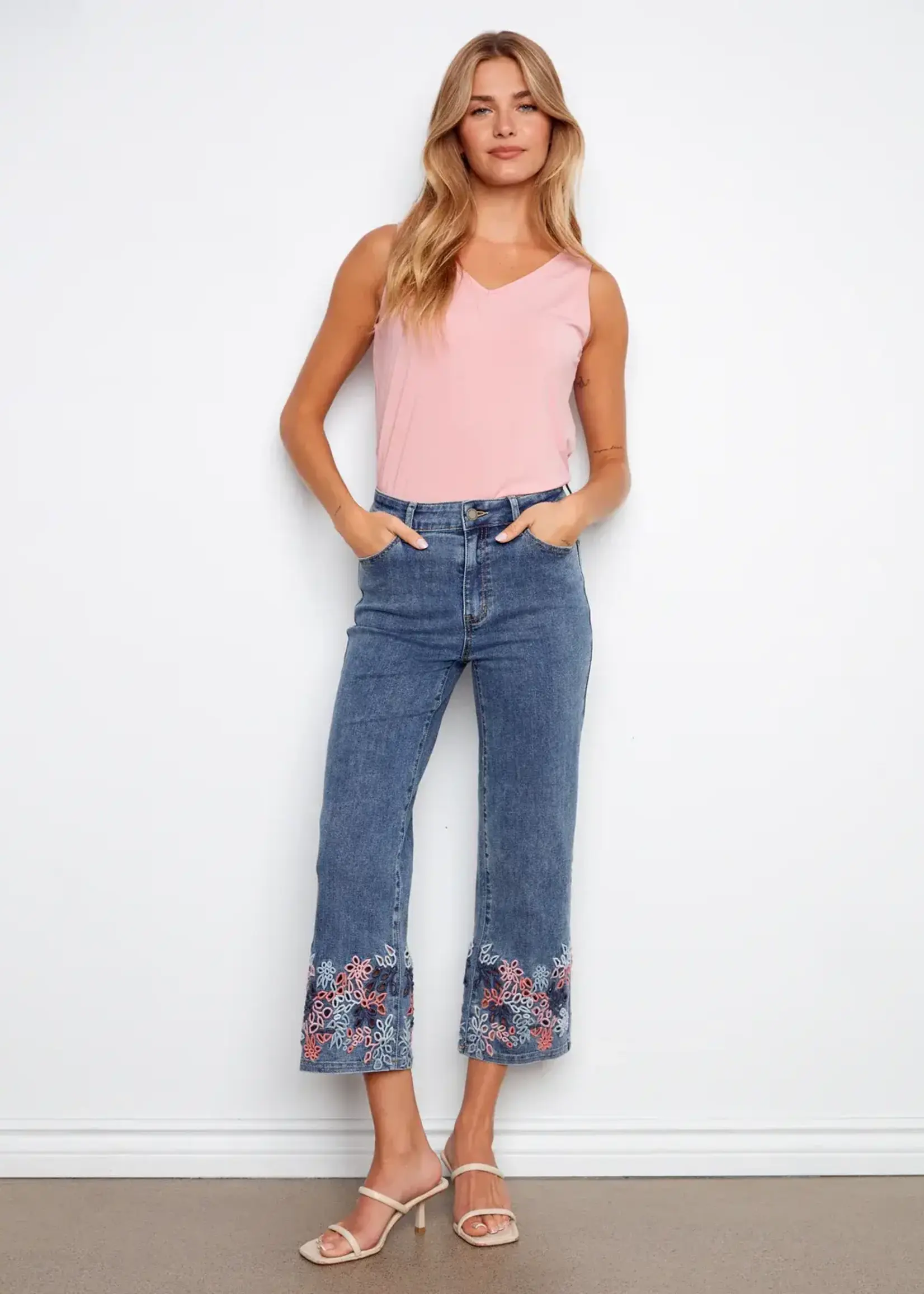 Charlie B Charlie B Denim Flare Leg Pant w/ Eyelet Emb C5773