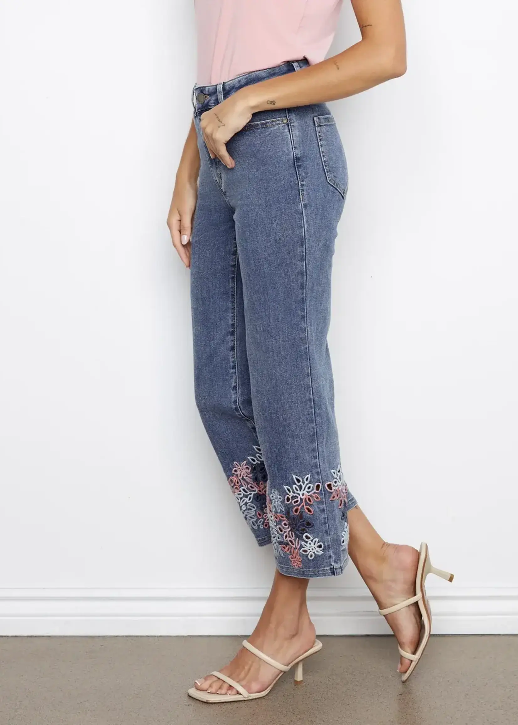 Charlie B Charlie B Denim Flare Leg Pant w/ Eyelet Emb C5773
