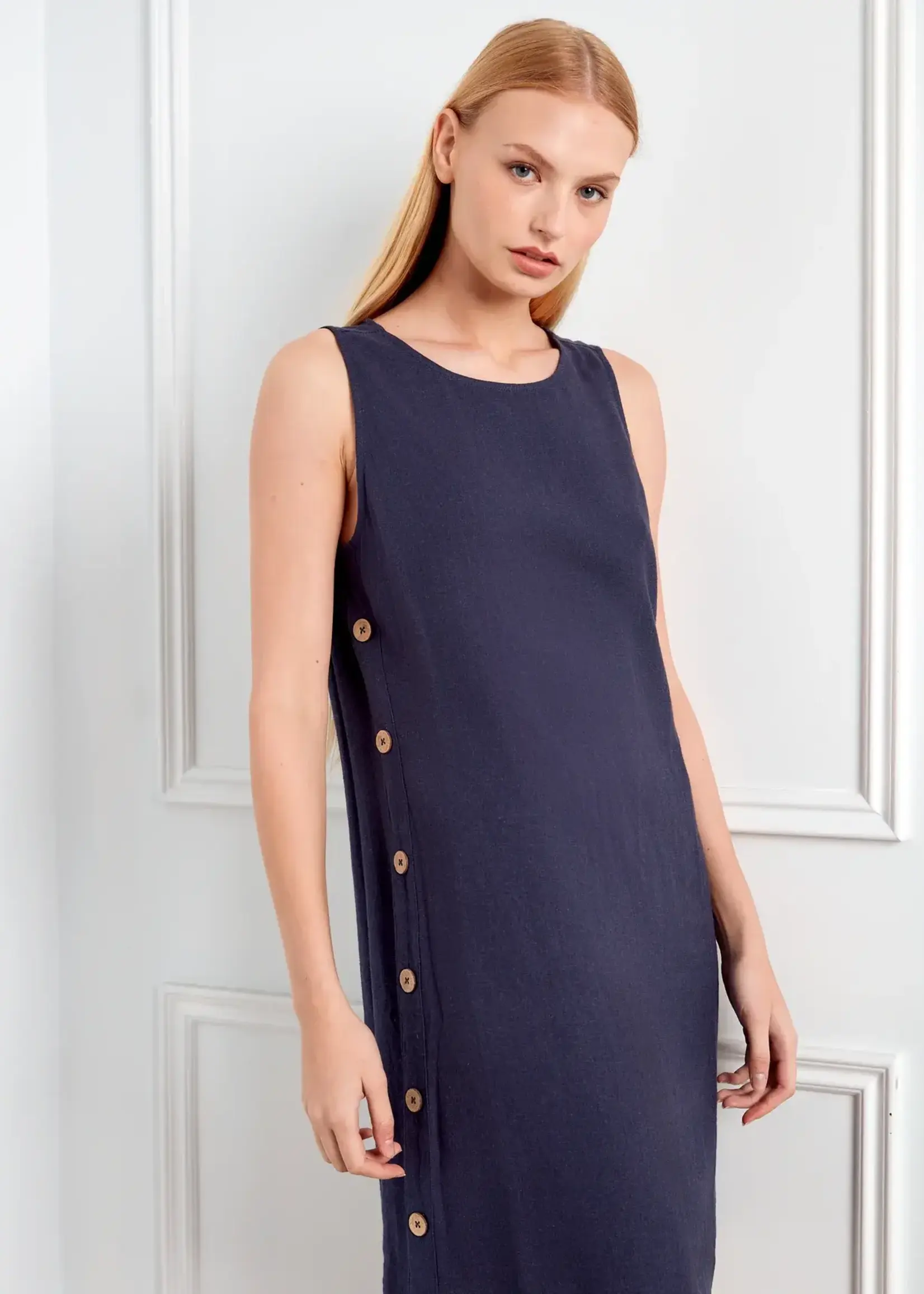 Charlie B Charlie B Sleeveless Shift Dress w/ Side Button C3254