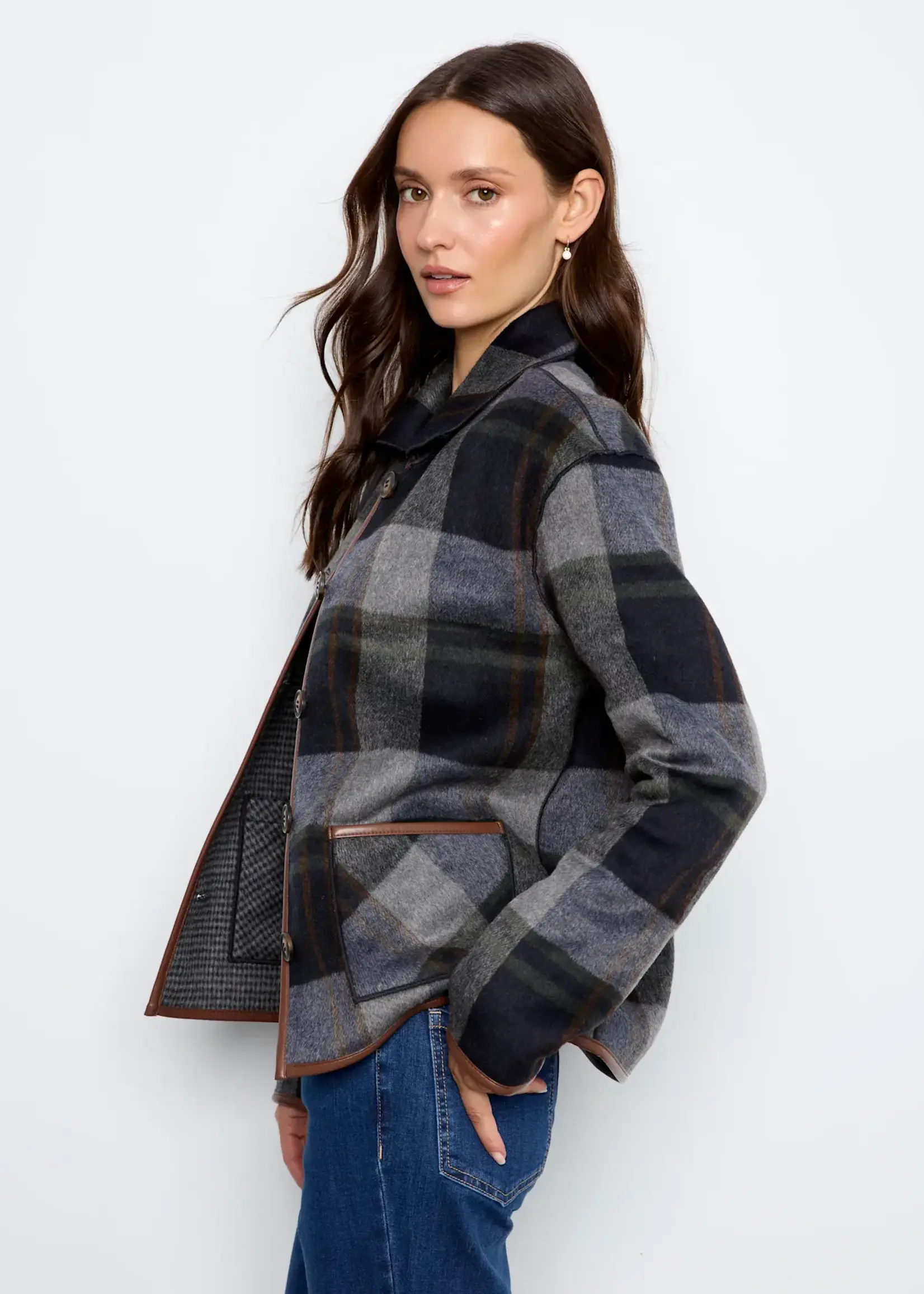 Charlie B Charlie B Reversible Plaid Jacket w/ Leather Binding C6185