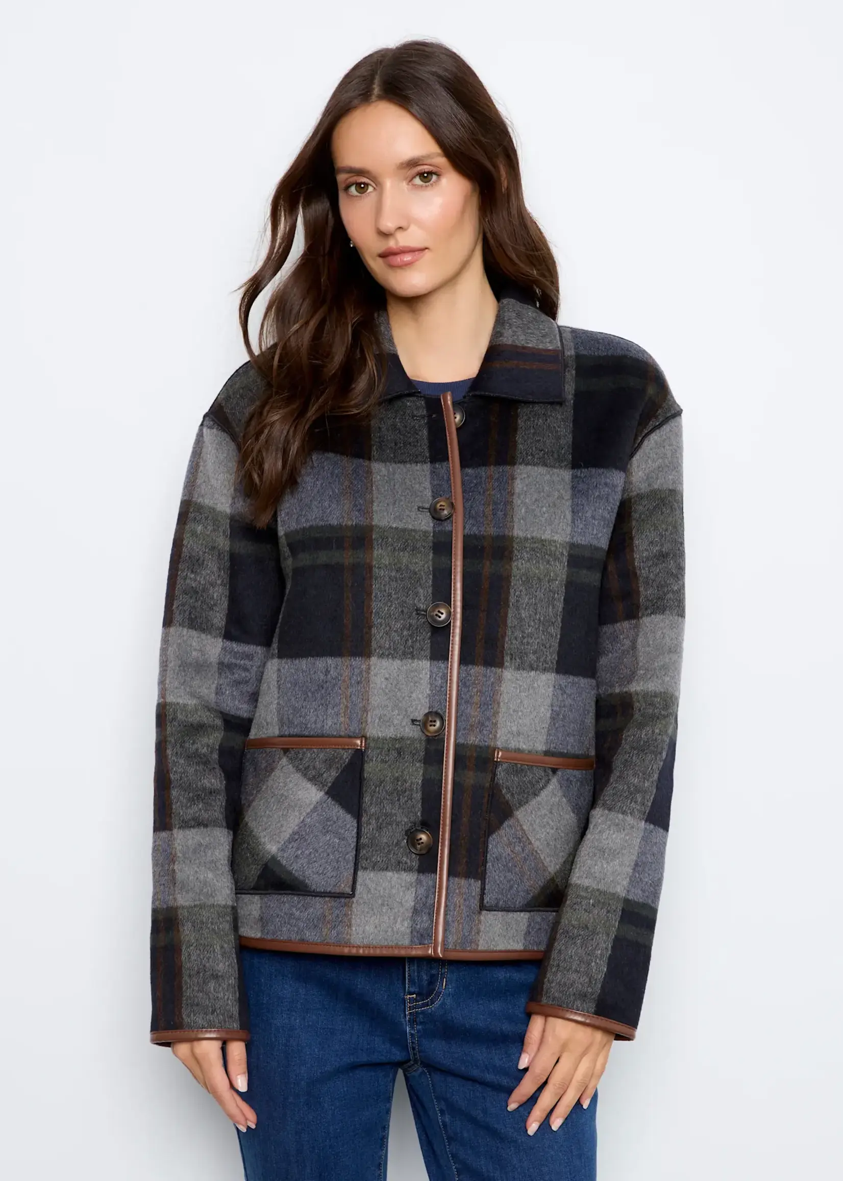 Charlie B Charlie B Reversible Plaid Jacket w/ Leather Binding C6185