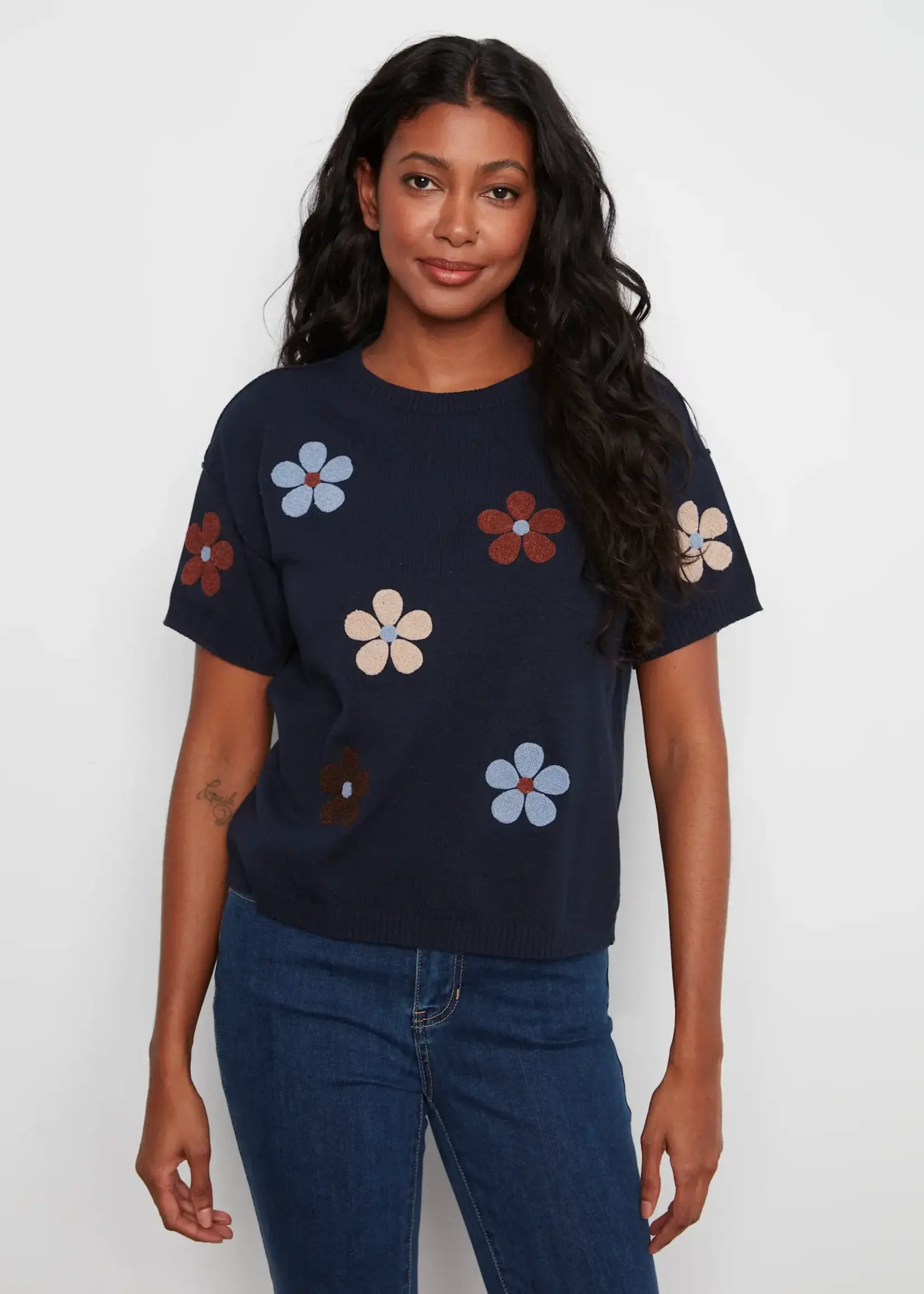 Charlie B Charlie B Elbow Sleeve Embroidered Floral Sweater C2947