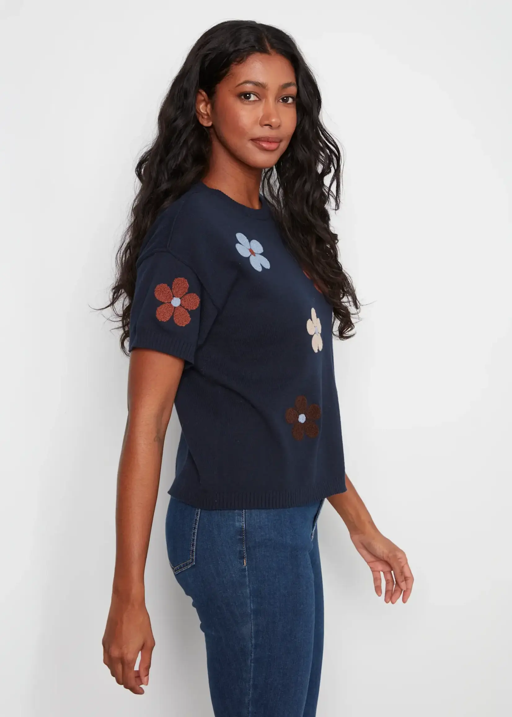 Charlie B Charlie B Elbow Sleeve Embroidered Floral Sweater C2947