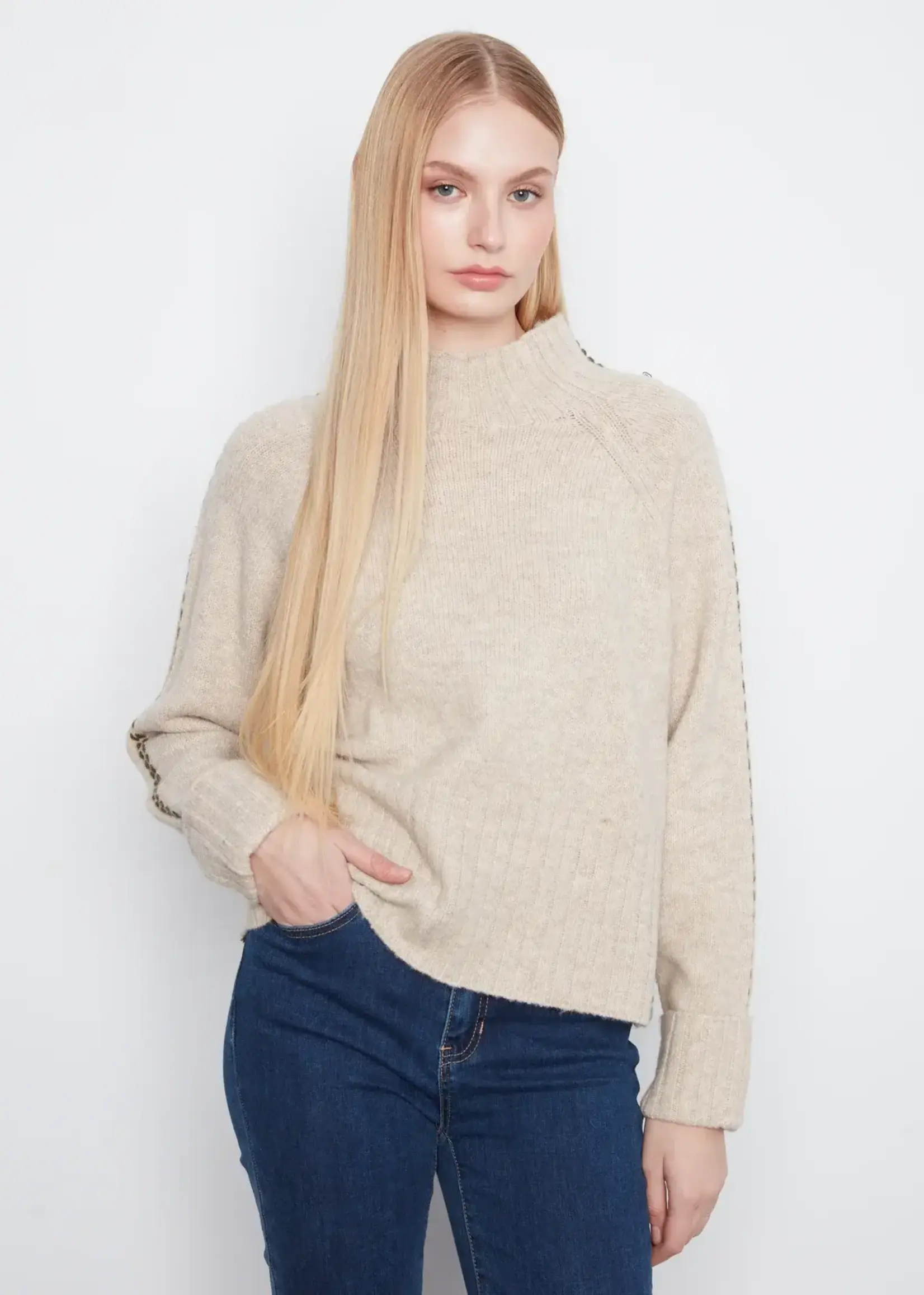 Charlie B Charlie B Long Raglan Slv Mock Neck w/ Stitch C2122