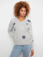 Charlie B Charlie B V Neck Sweater w/ Wide Rib Cuff w/ Emb C2853