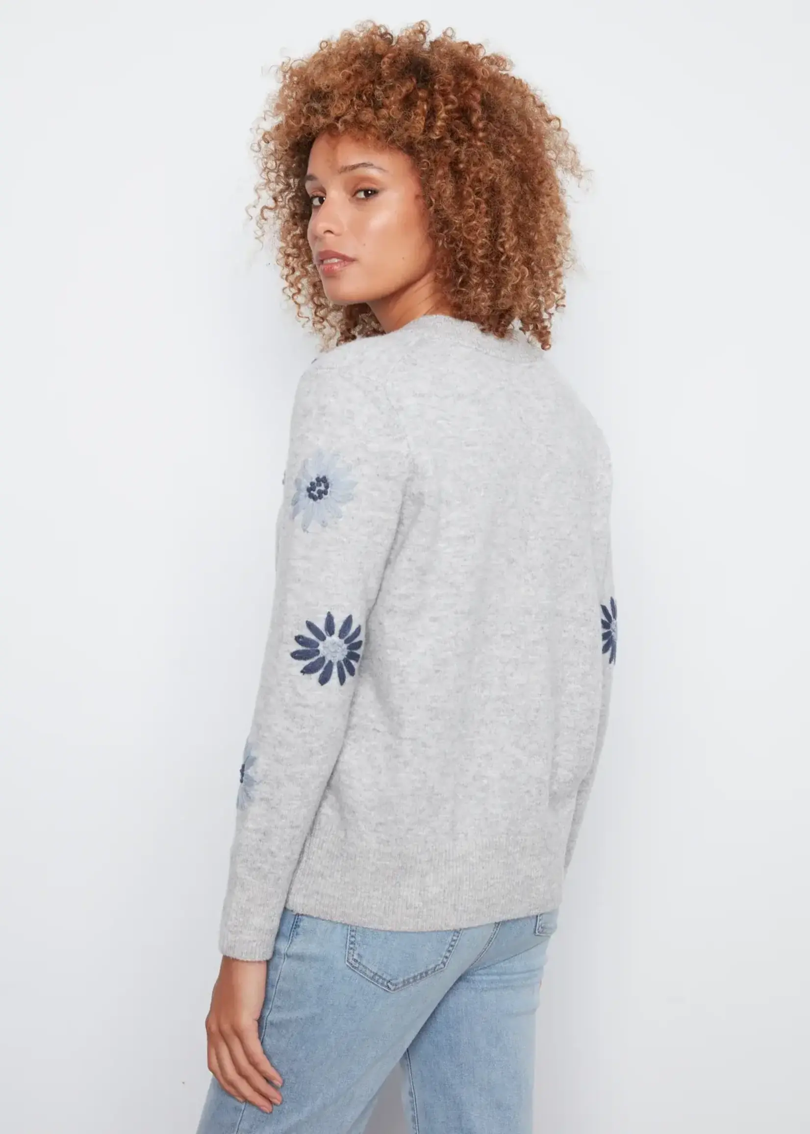 Charlie B Charlie B V Neck Sweater w/ Wide Rib Cuff w/ Emb C2853