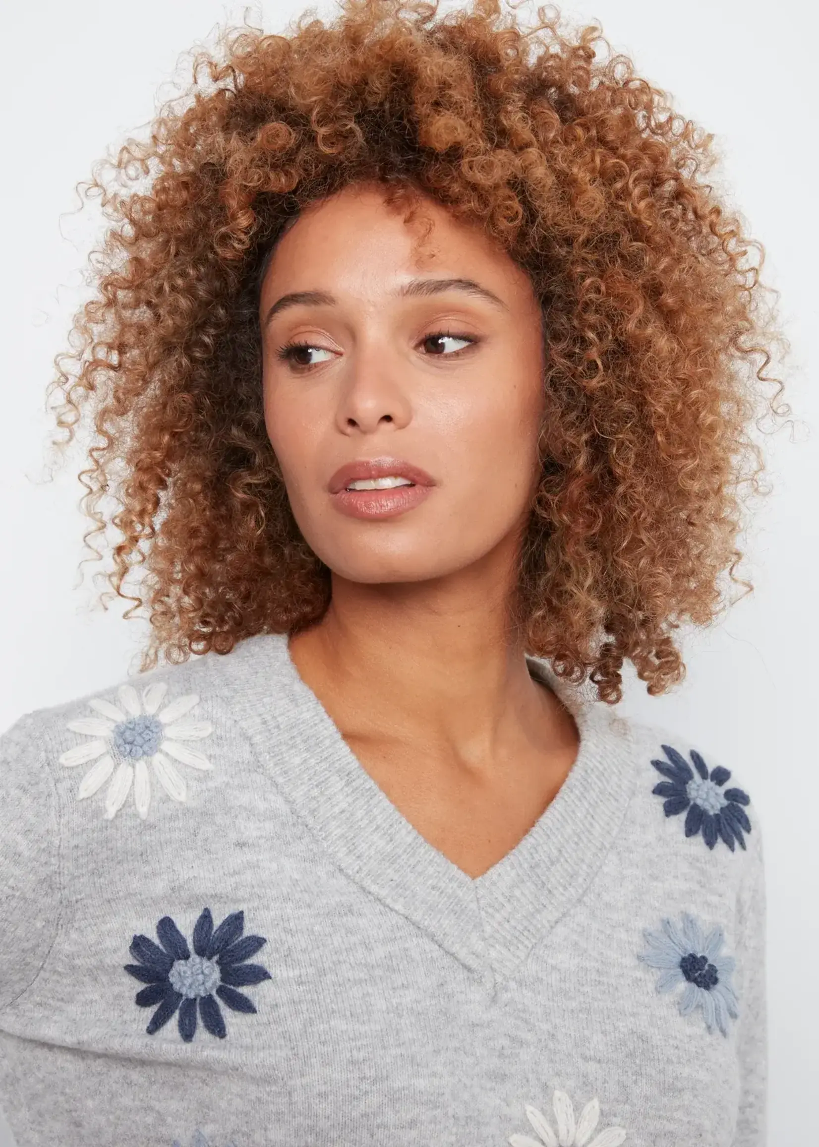 Charlie B Charlie B V Neck Sweater w/ Wide Rib Cuff w/ Emb C2853