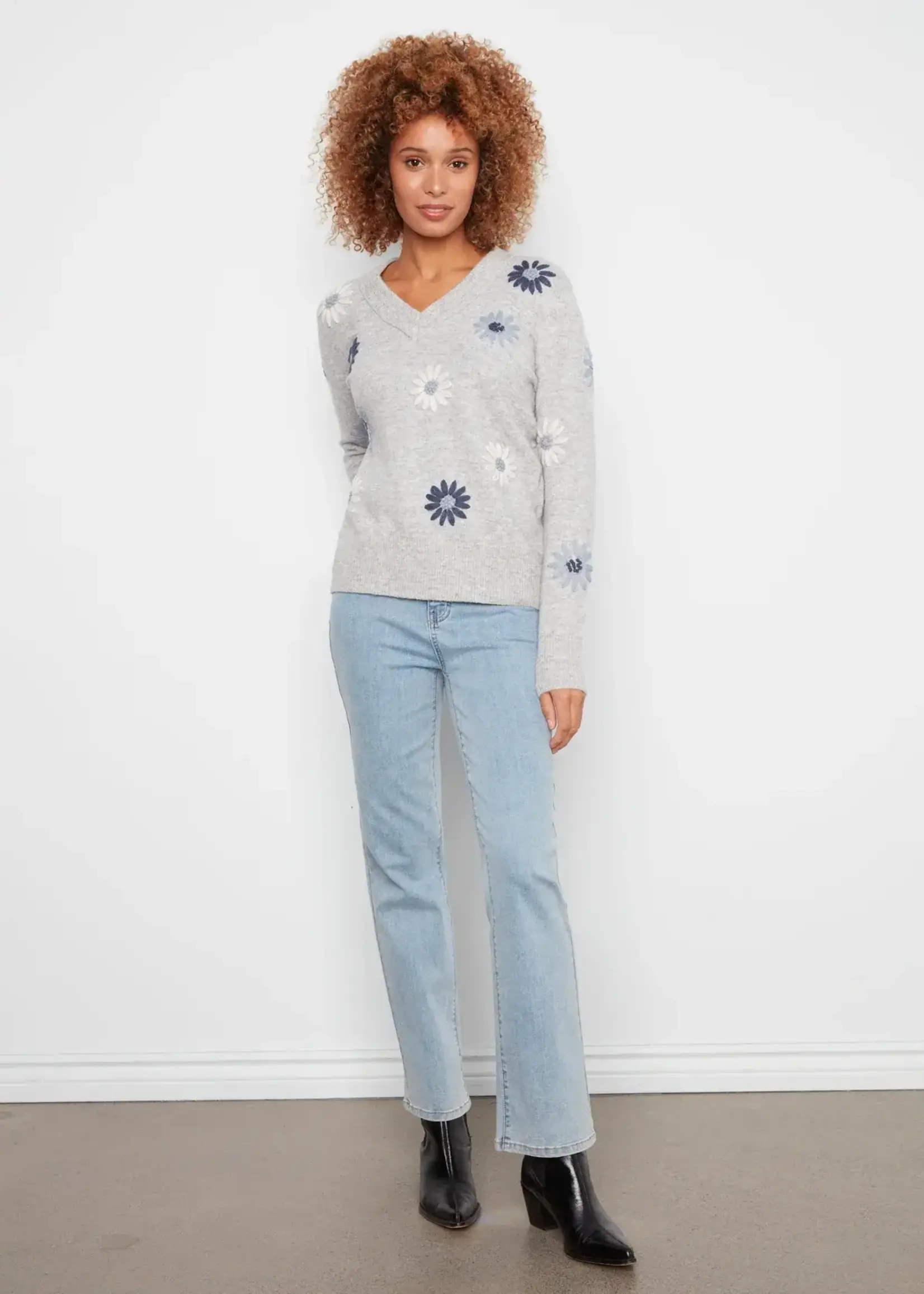 Charlie B Charlie B V Neck Sweater w/ Wide Rib Cuff w/ Emb C2853