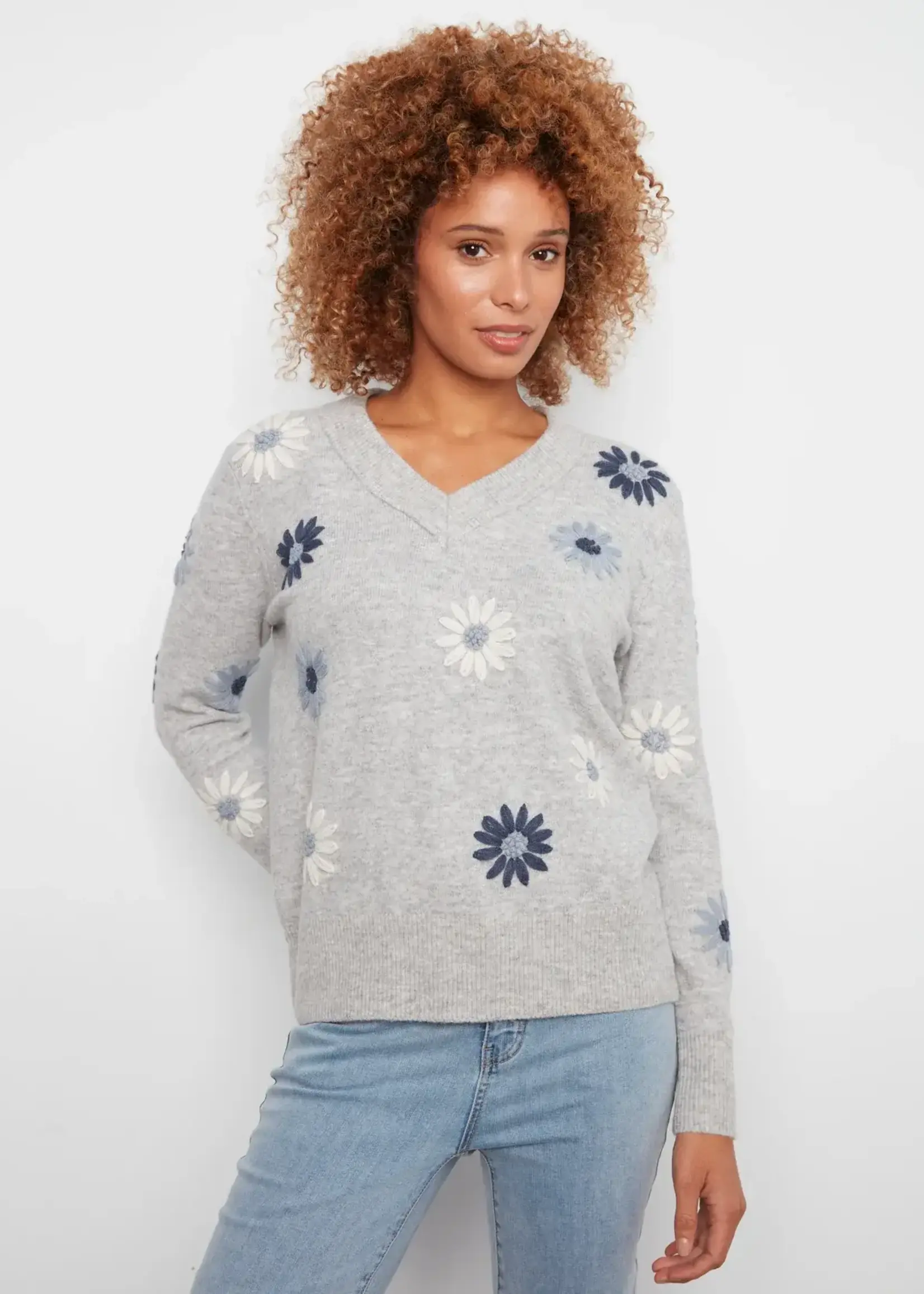 Charlie B Charlie B V Neck Sweater w/ Wide Rib Cuff w/ Emb C2853