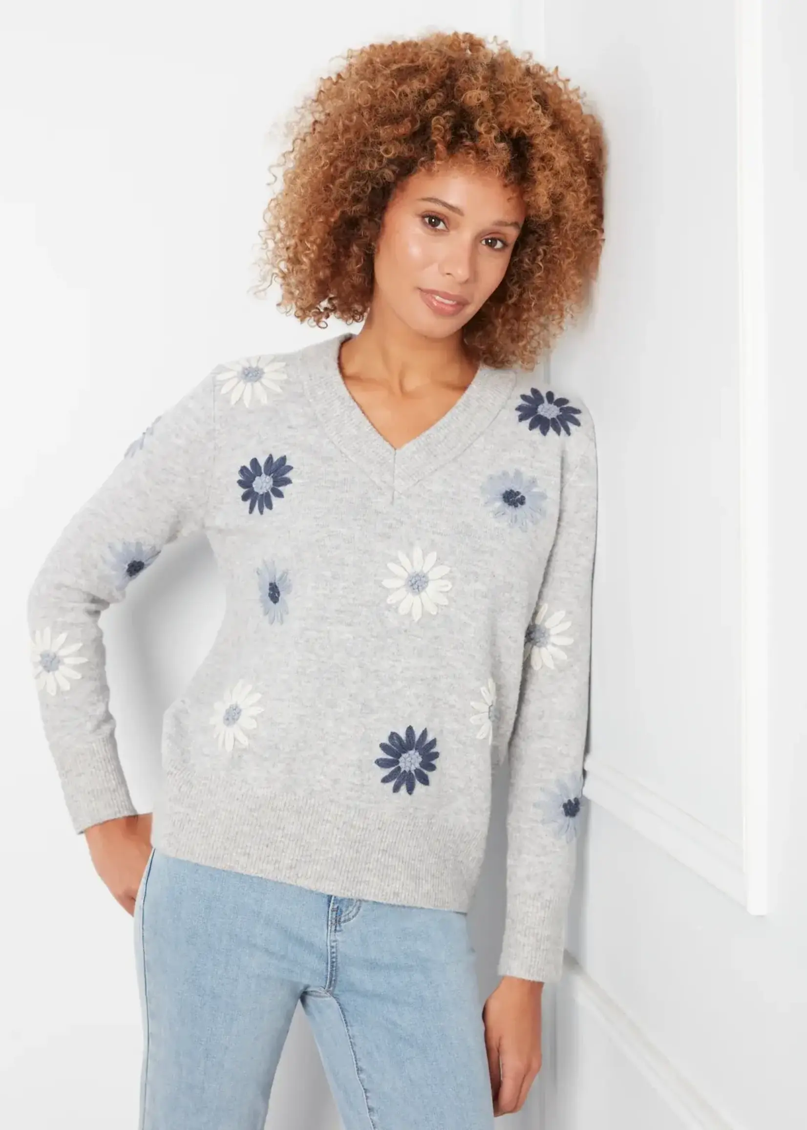 Charlie B Charlie B V Neck Sweater w/ Wide Rib Cuff w/ Emb C2853