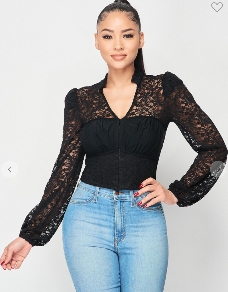 Privy PT40694S-A  SEXY LACE V-NECK POWER SHOULDER CROPPED TOP