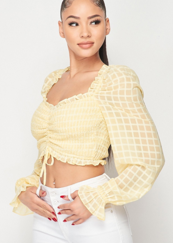Privy CHECKERED PATTERN RUCHED AND RUFFLED CROPPED TOP
