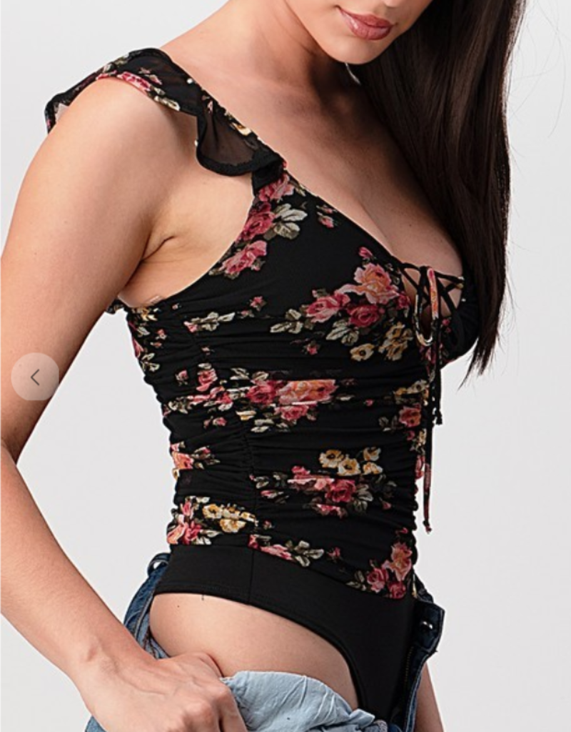 AAAAA 105O01-17 LACE UP FLORAL BODYSUIT