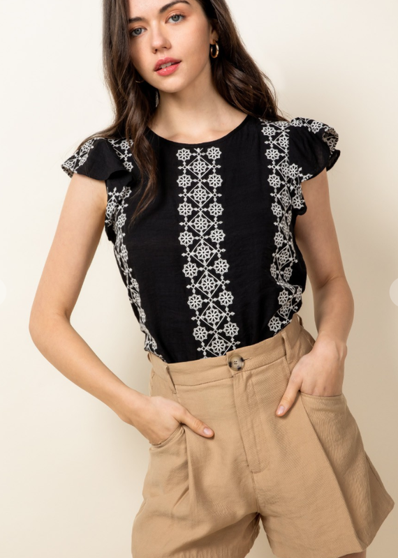 THML Embroidered Flutter Sleeve Blouse