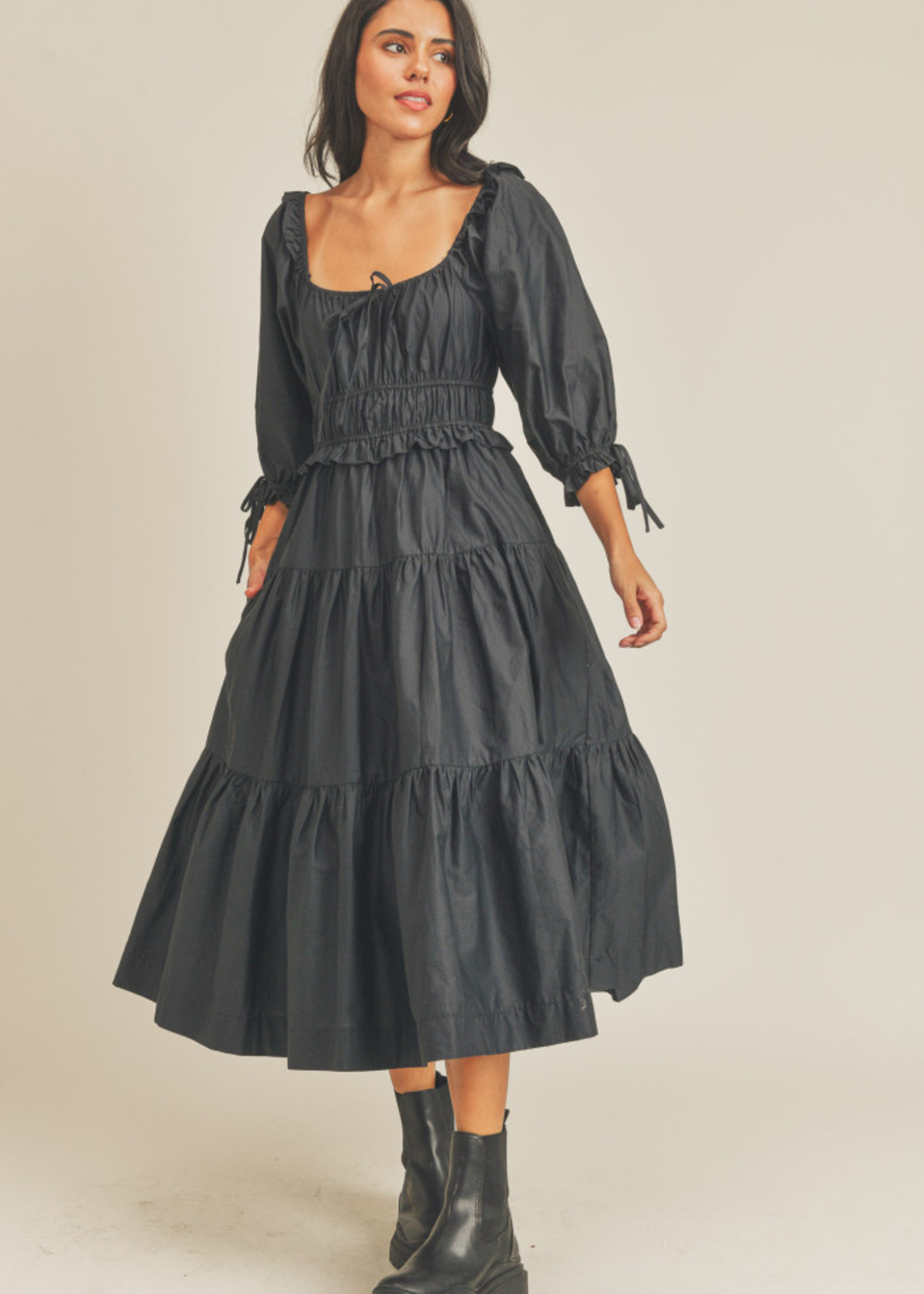SCOOP NECK PUFF SLEEVE MIDI DRESS - Papori