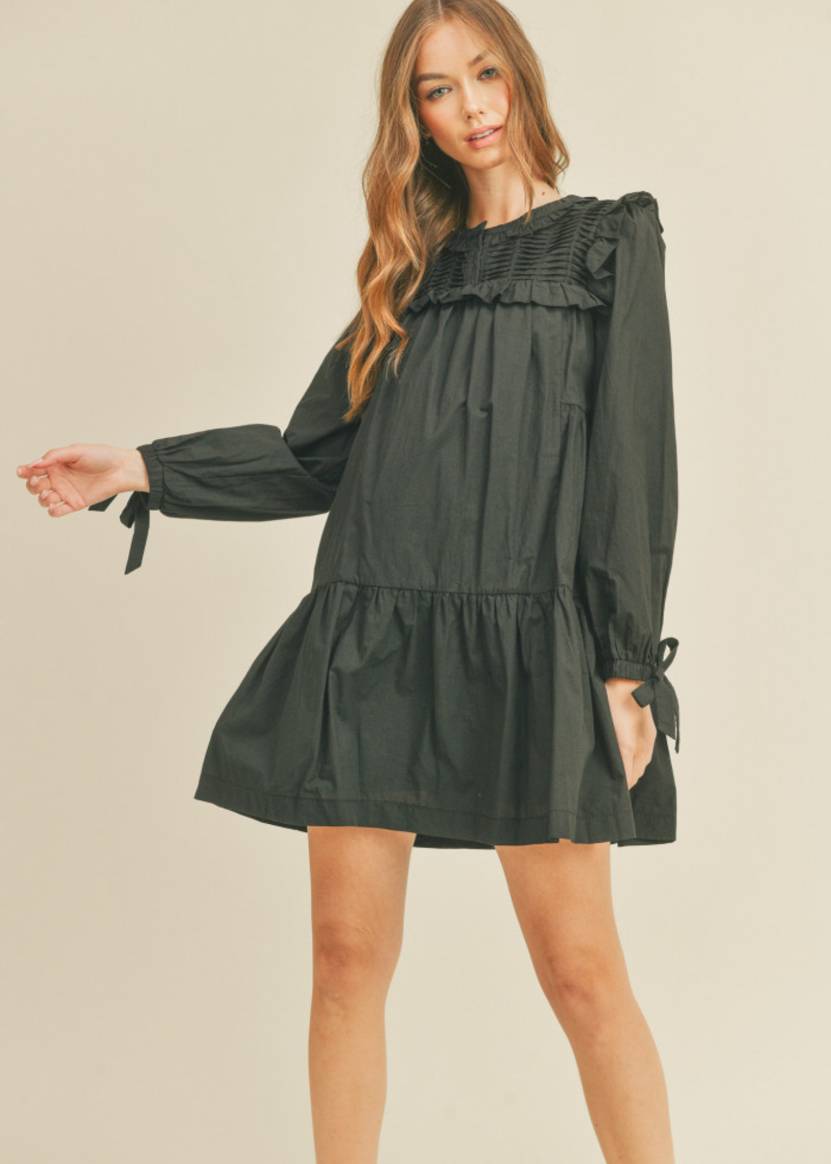 RUFFLE NECK LINE LONG SLEEVE MINI DRESS 