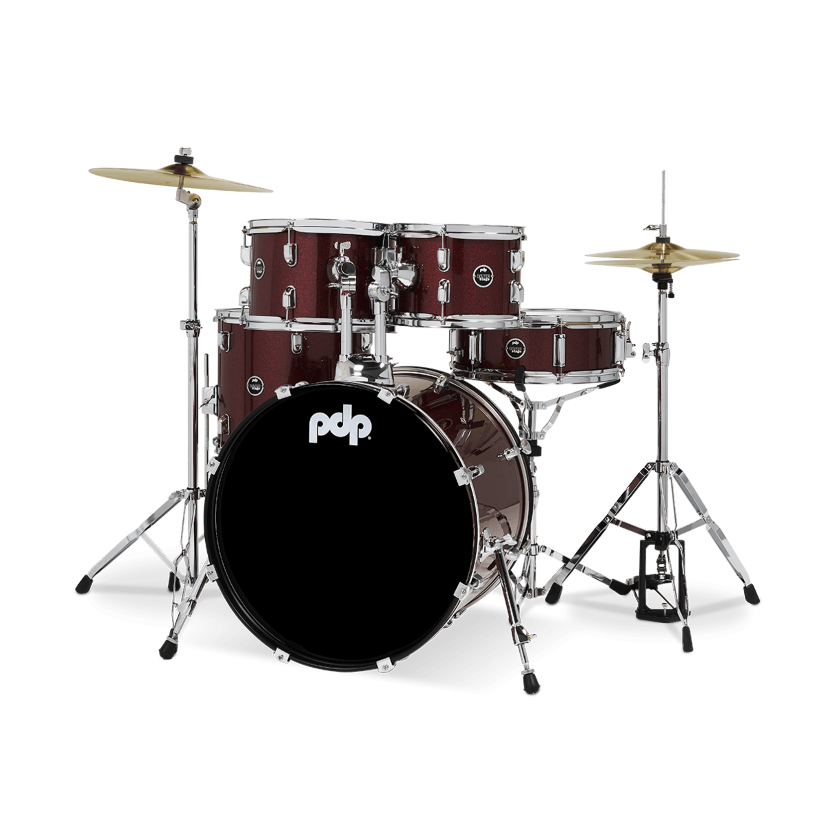 PDP PDP CENTER STAGE 5-PC DRUM SET W/ CYMBALS & HARDWARE (RUBY RED SPARKLE)