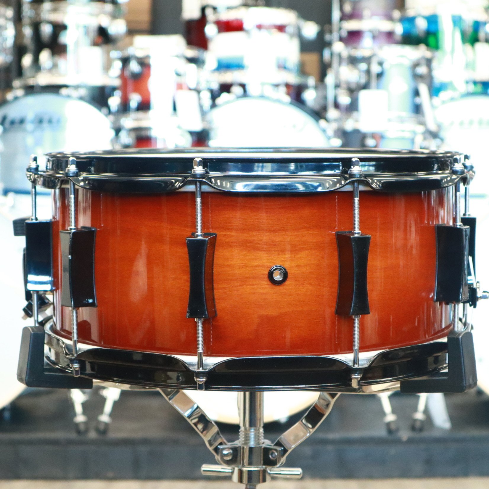 Pork Pie Pork Pie 6.5x14" Cherry Snare Drum With Maple Re-Rings, Tobacco Gloss, Black Hardware