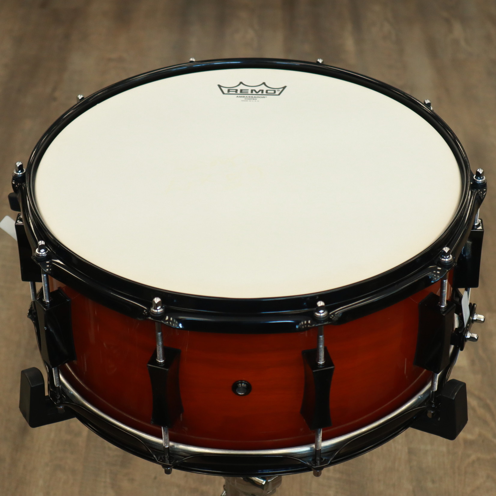 Pork Pie Pork Pie 6.5x14" Cherry Snare Drum With Maple Re-Rings, Tobacco Gloss, Black Hardware