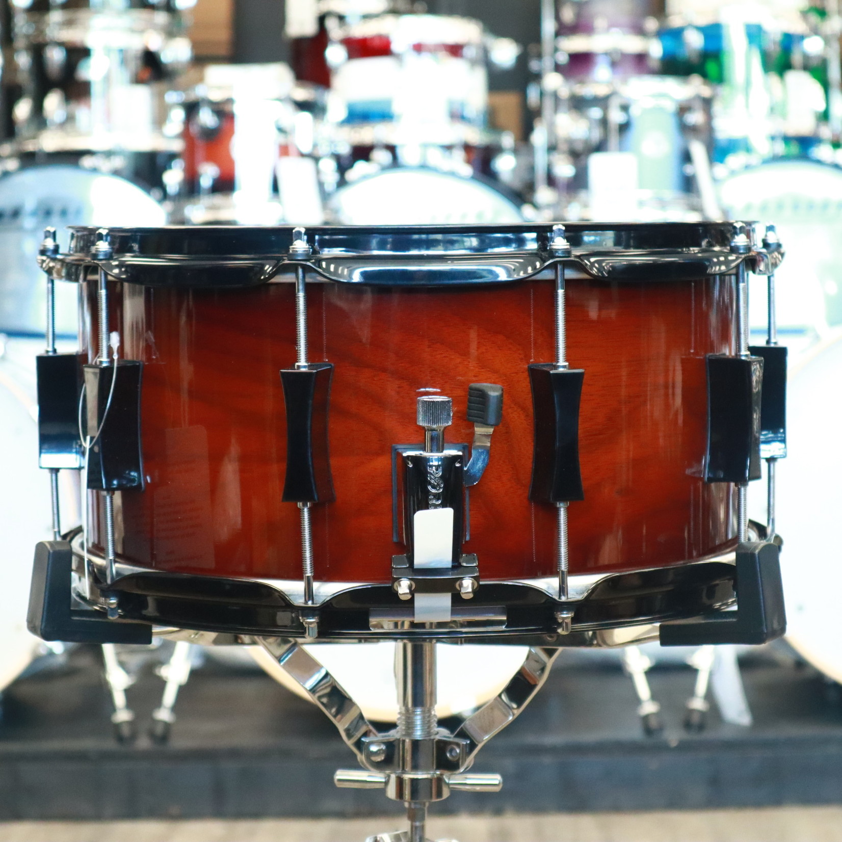 Pork Pie Pork Pie 7x14" Walnut Snare Drum With Maple Re-Rings, Tobacco Gloss, Black Hardware