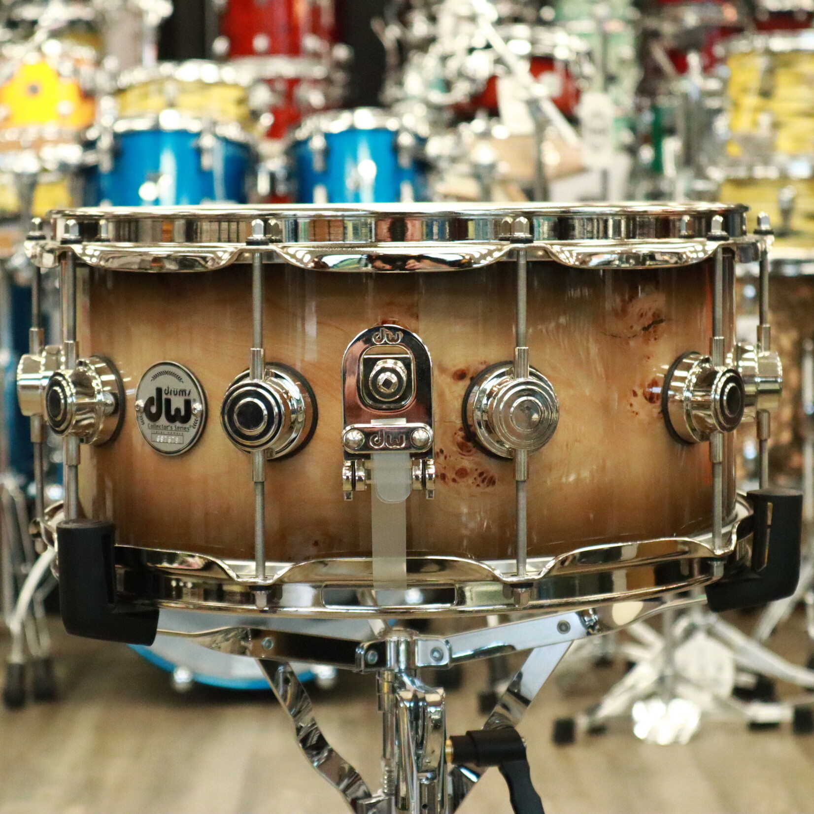 DW DW Collector's Series Exotic Purpleheart 6.5x14" Snare Drum (Natural to Candy Black Burst over Mapa Burl w/ Nickel Hardware)