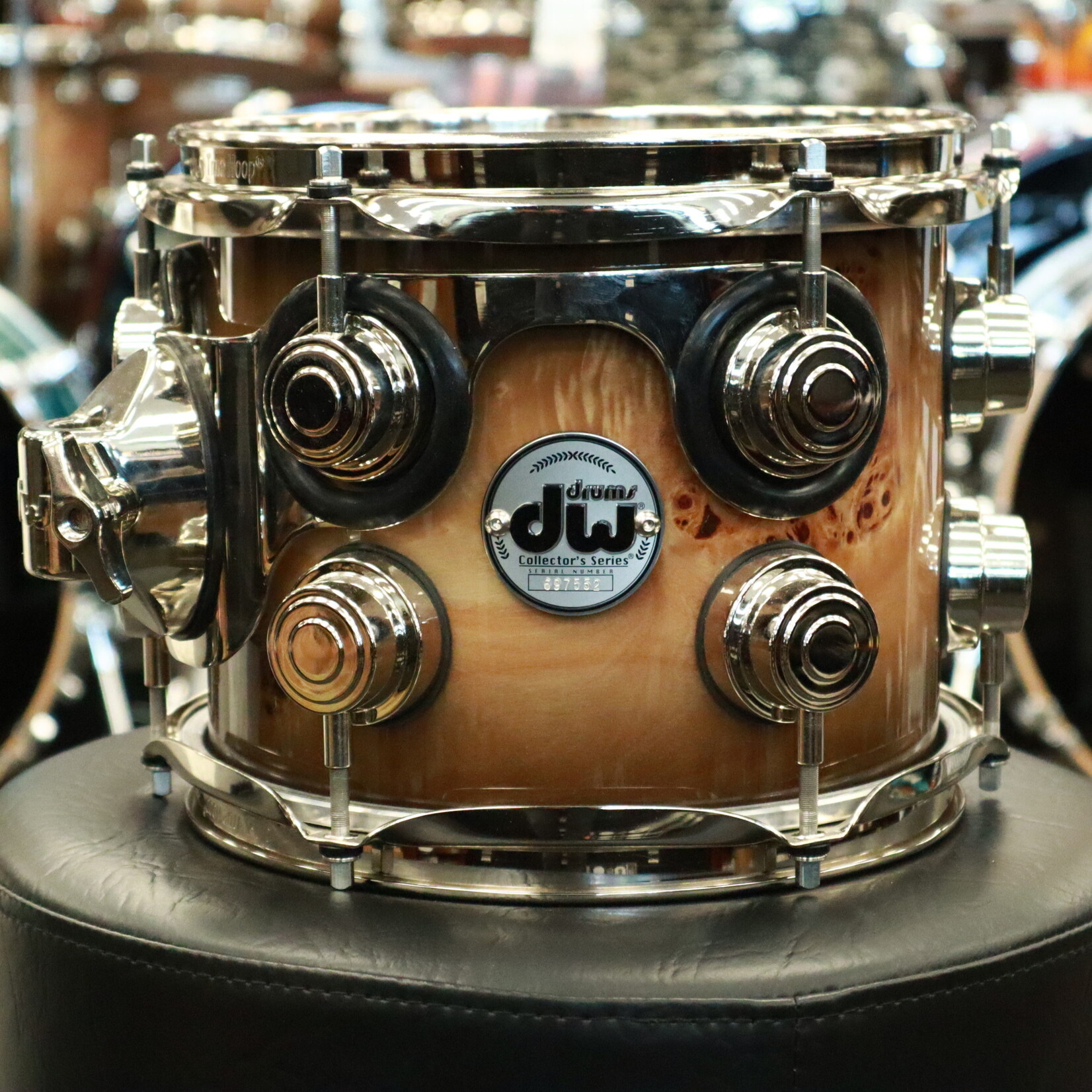 DW DW Collector's Series Exotic Purpleheart 7x8" Tom (Natural to Candy Black Burst over Mapa Burl w/ Nickel Hardware)