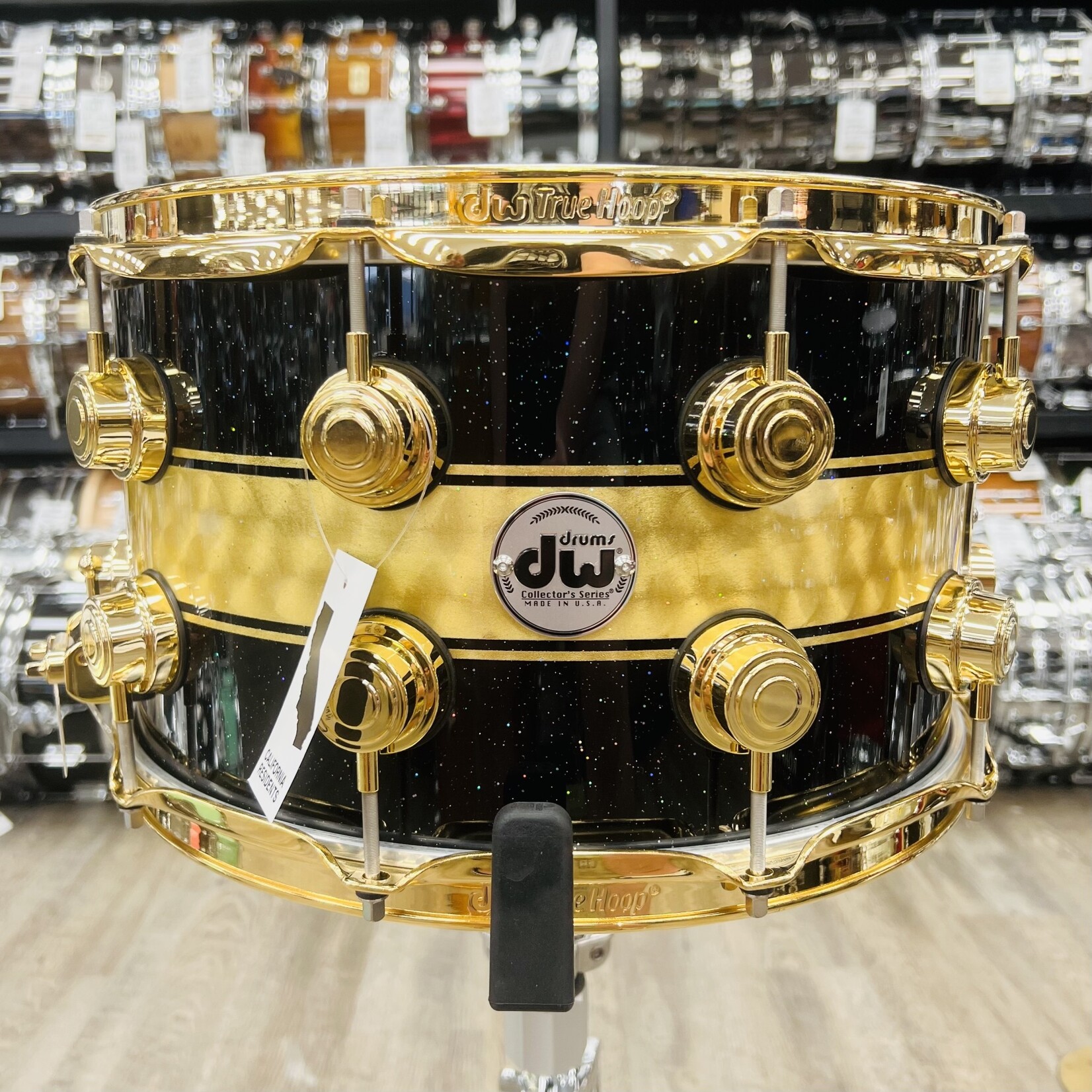DW DW Collector's SSC Maple 8x14" Exotic Snare Drum (Black Mirra w/ Gold Leaf Rally Stripe and Gold Hardware)
