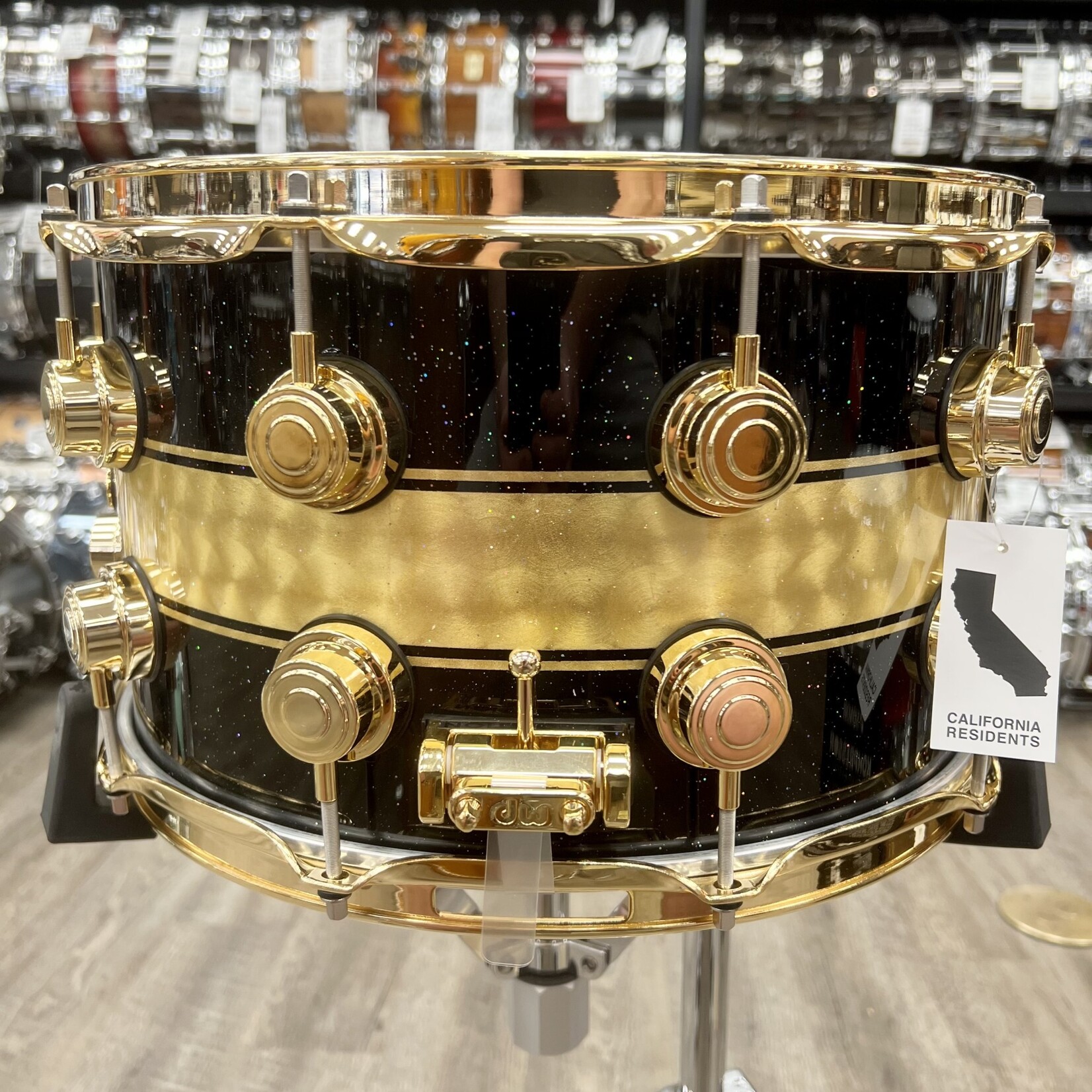 DW DW Collector's SSC Maple 8x14" Exotic Snare Drum (Black Mirra w/ Gold Leaf Rally Stripe and Gold Hardware)