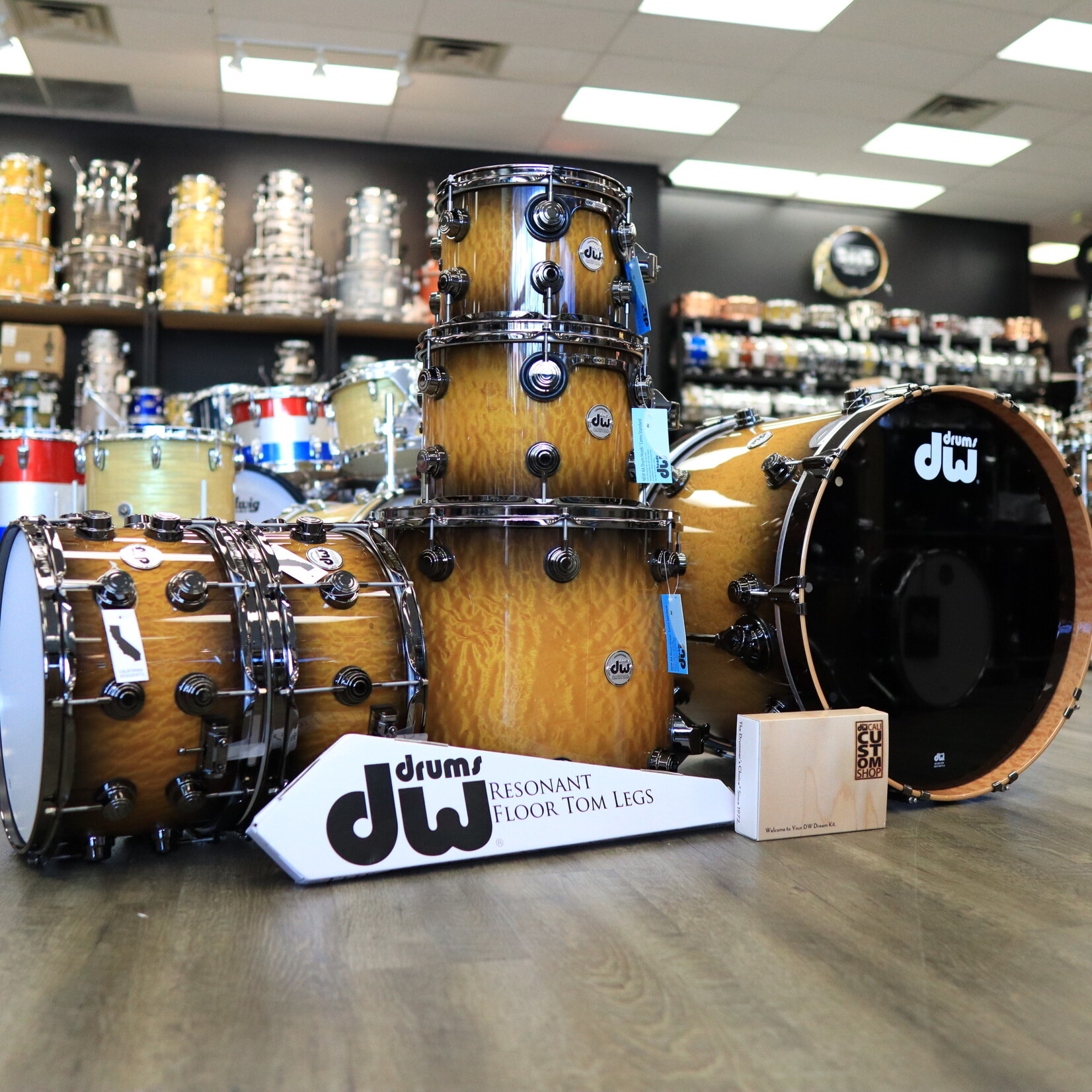 DW DW Collector's Series Exotic Cherry/ Mahogany 5-PC Shell Pack 10/12/16/22/14Sn (Inca Gold to Candy Black Burst over Quilted Moabi w/  Black Nickel Hardware)