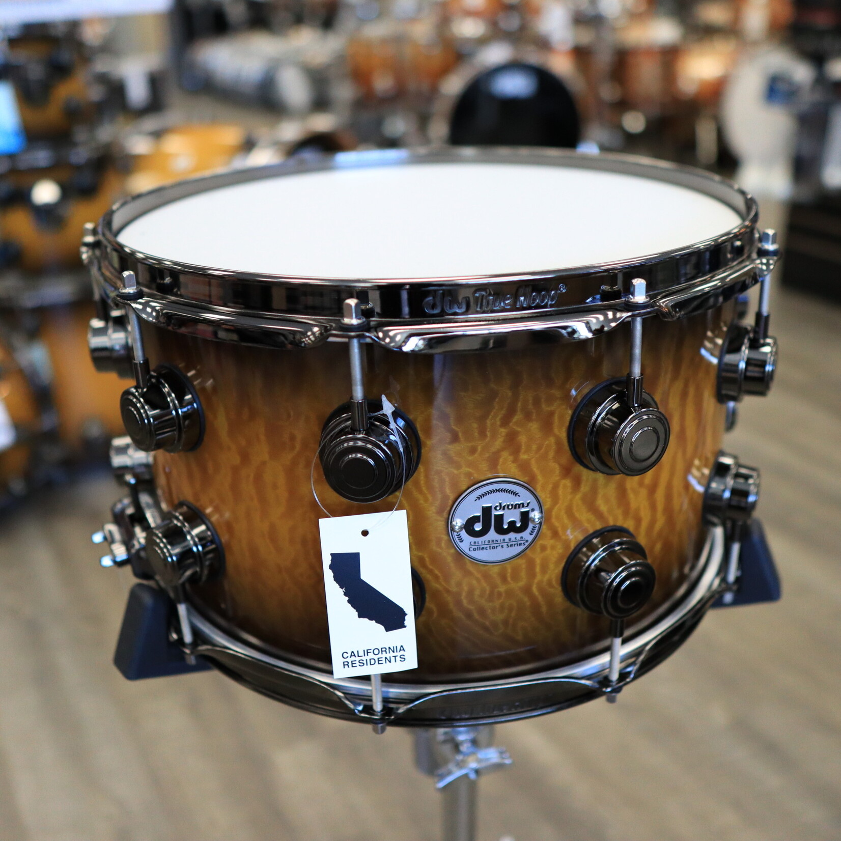 DW DW Collector's Series Exotic Cherry/ Mahogany 8x14" Snare Drum (Inca Gold to Candy Black Burst over Quilted Moabi w/  Black Nickel Hardware)