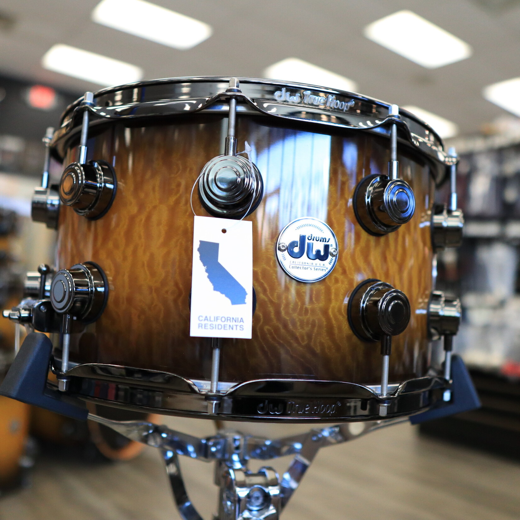 DW DW Collector's Series Exotic Cherry/ Mahogany 8x14" Snare Drum (Inca Gold to Candy Black Burst over Quilted Moabi w/  Black Nickel Hardware)