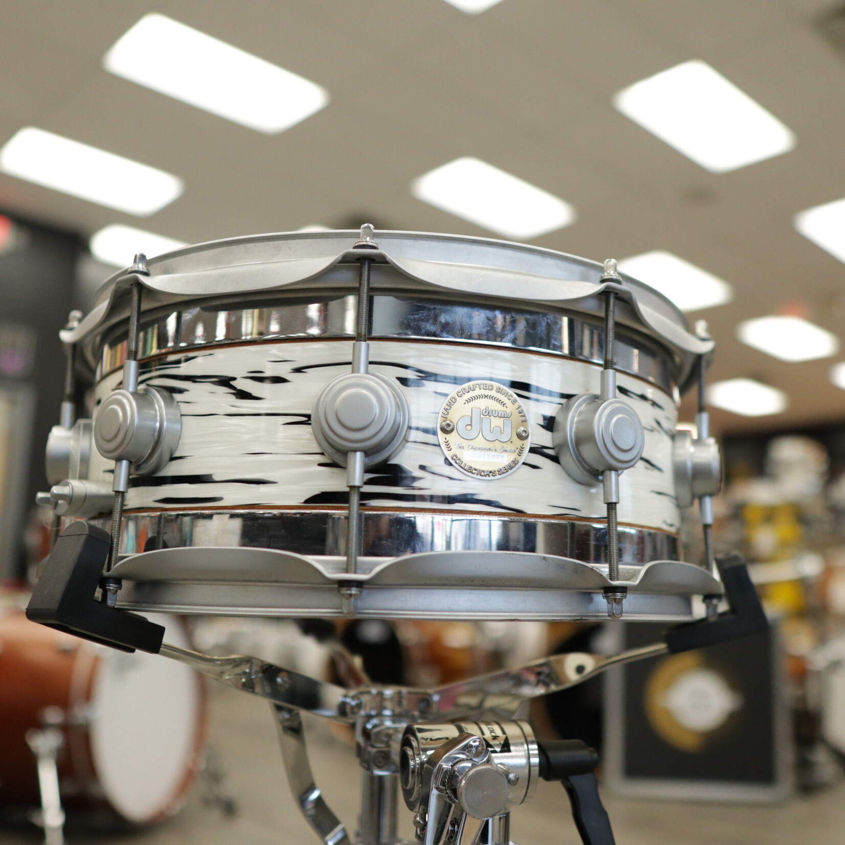 DW Used DW Collector's Series Edge 6x14" Brass/ Maple Shell Snare Drum (Chrome over Brass Top & Bottom w/  White Oyster Finish Center w/ Satin Chrome Hardware)