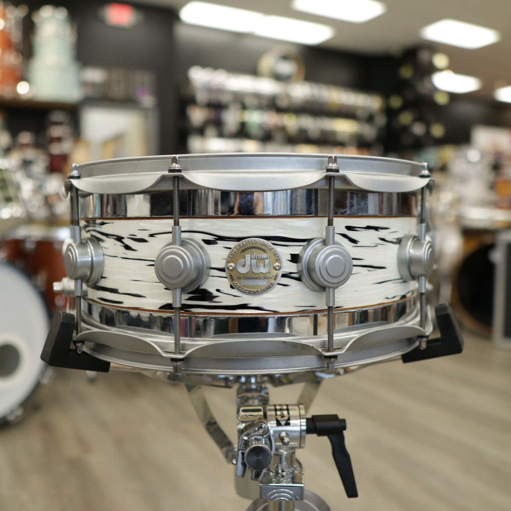 DW Used DW Collector's Series Edge 6x14" Brass/ Maple Shell Snare Drum (Chrome over Brass Top & Bottom w/  White Oyster Finish Center w/ Satin Chrome Hardware)