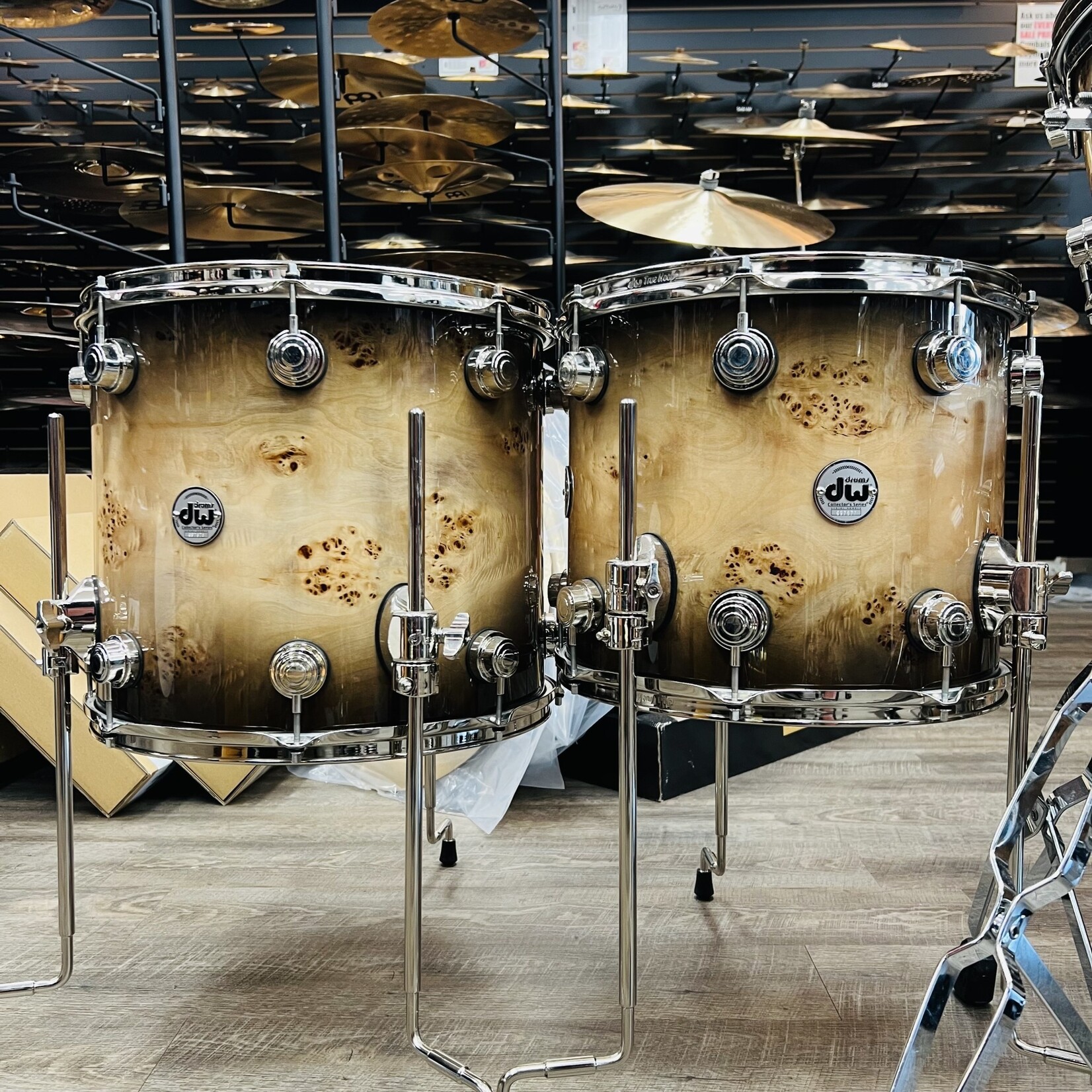 DW DW Collector's Series Exotic Purpleheart 5-Piece Shell Pack 10/12/14/16/22 (Natural to Candy Black Burst over Mapa Burl w/ Nickel Hardware)