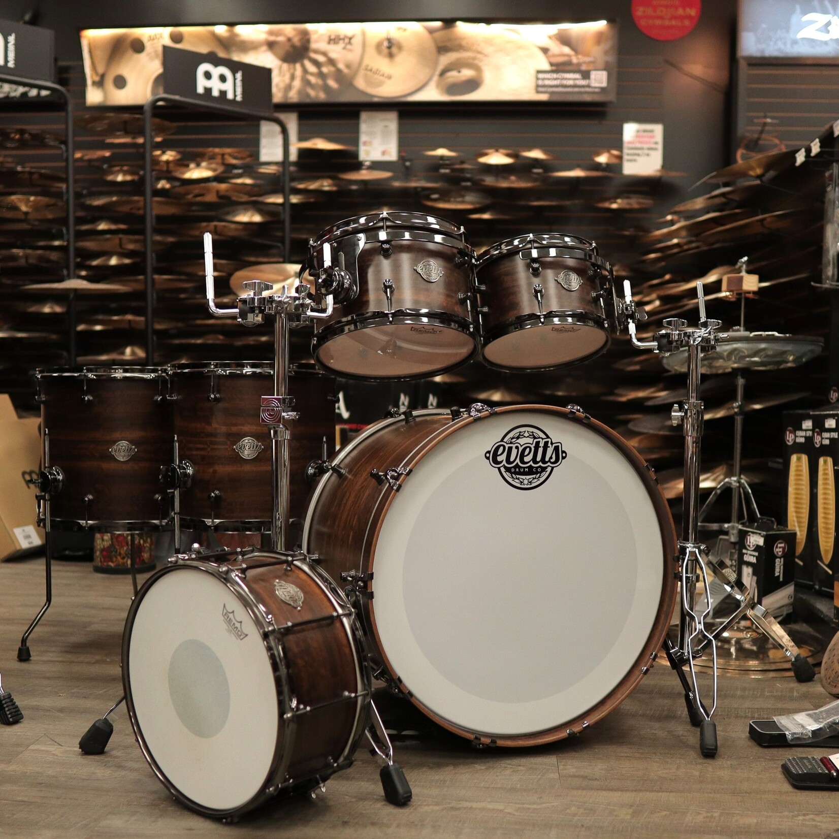 Evetts Drum Co. Pre-Owned Evetts 6-Piece Spotted Gum Shell Pack w/ Smoked Eucalyptus Veneer & Black Nickel Hardware 10/12/14/16/22/14sn